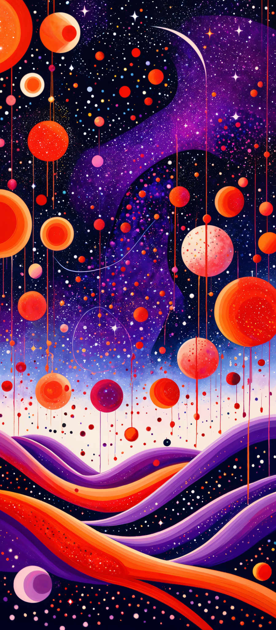 The image showcases a vibrant and colorful cosmic scene. Dominated by hues of purple, blue, and orange, the image features numerous circular and oval-shaped celestial bodies, possibly planets or moons, floating against a backdrop of a starry night sky. These celesties vary in size and are suspended by thin, golden threads, giving the impression that they are floating in space. The foreground has wavy, undulating patterns in shades of purples and oranges, which could represent a planet's surface or a cosmic phenomenon. The overall ambiance is dreamy and otherworldly.