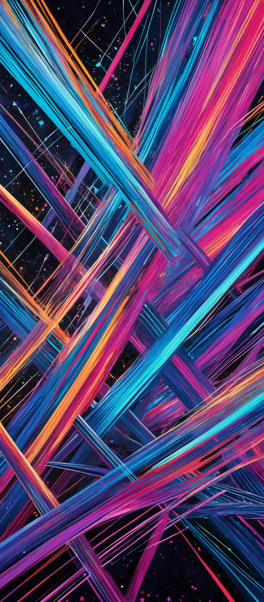 The image showcases a vibrant and dynamic interplay of colorful lines and shapes. The predominant colors are shades of blue, pink, and orange, with hints of white and black. These colors form intersecting and crisscrossing lines, creating a sense of movement and energy. The background is dark, possibly representing a night sky, with specks of light, possibly stars or distant galaxies, adding depth and dimension to the composition.