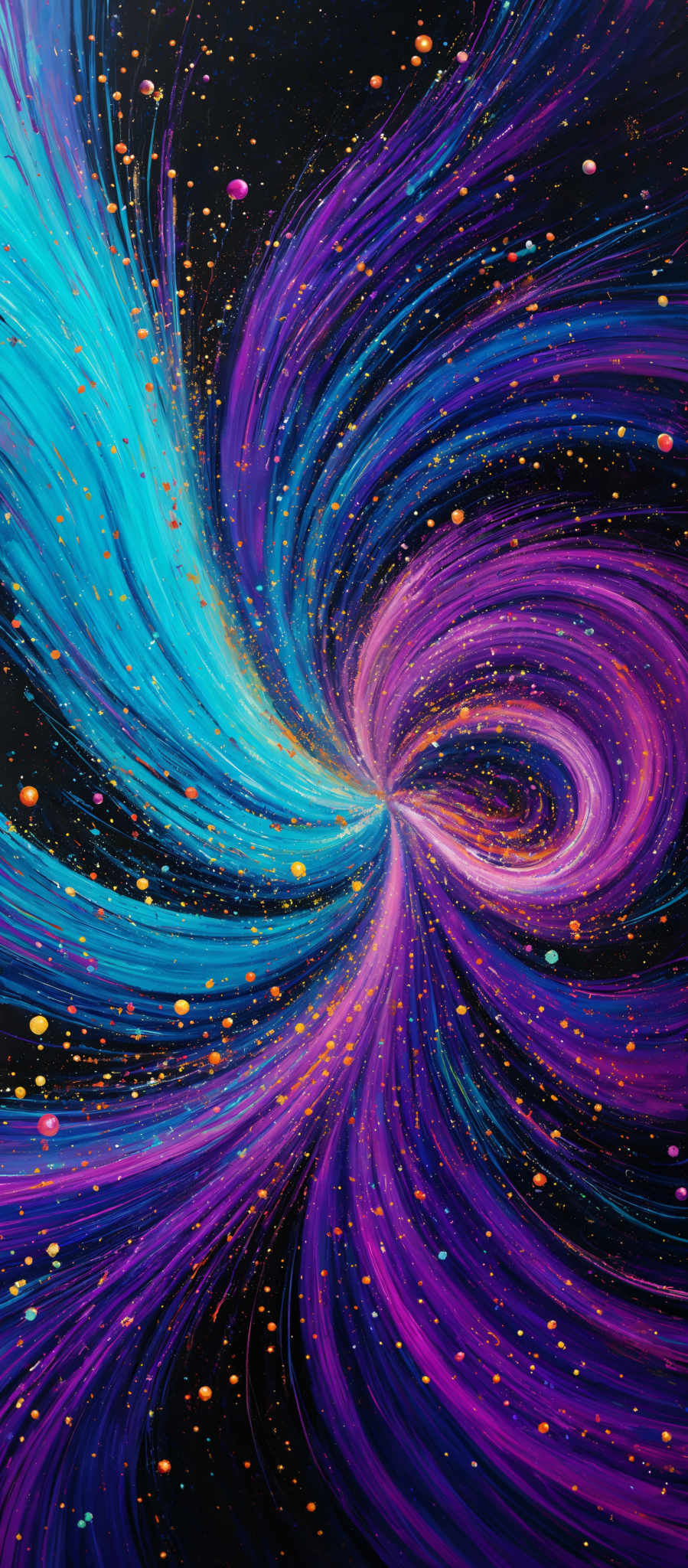 The image showcases a vibrant and mesmerizing swirl of colors. The dominant colors are shades of blue, purple, and pink, which seem to emanate from a central point, creating a vortex-like effect. The swirls are intricate and appear to be made of fluid-like substances, giving the impression of motion and energy. The background is dark, possibly representing space, and is speckled with numerous small, colorful dots, possibly depicting distant stars or galaxies.