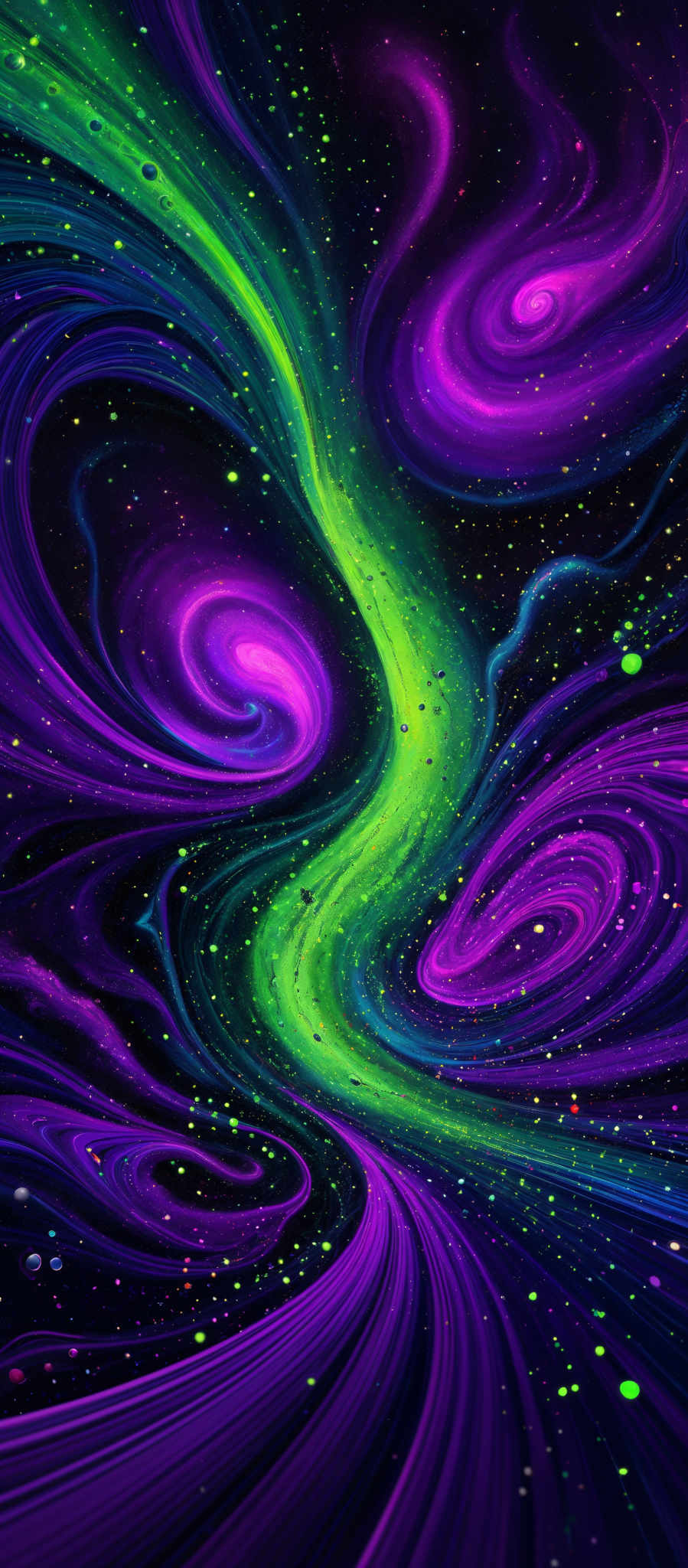 The image showcases a vibrant and mesmerizing cosmic scene. It features swirling patterns of vivid colors, predominantly shades of purple, green, and blue. These swirls resemble galaxies or nebulae, with bright, glowing centers that could represent stars or other celestial bodies. The background is dark, which accentuates the luminosity of the swirls, giving the impression of a vast, star-studded space.