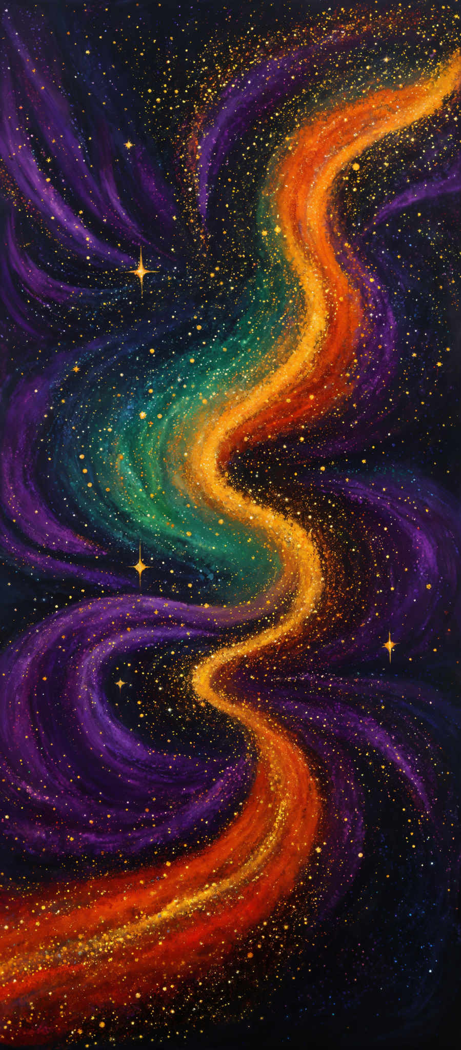 The image showcases a vibrant and mesmerizing cosmic scene. It features swirling patterns of colors, predominantly purples, blues, and oranges, reminiscent of a galaxy or nebula. The swirls are intertwined, creating a winding path that meanders through the space. The background is filled with numerous stars, giving the impression of a vast, star-studded expanse. The overall effect is both captivating and ethereal, evoking feelings of wonder and curiosity about the universe.