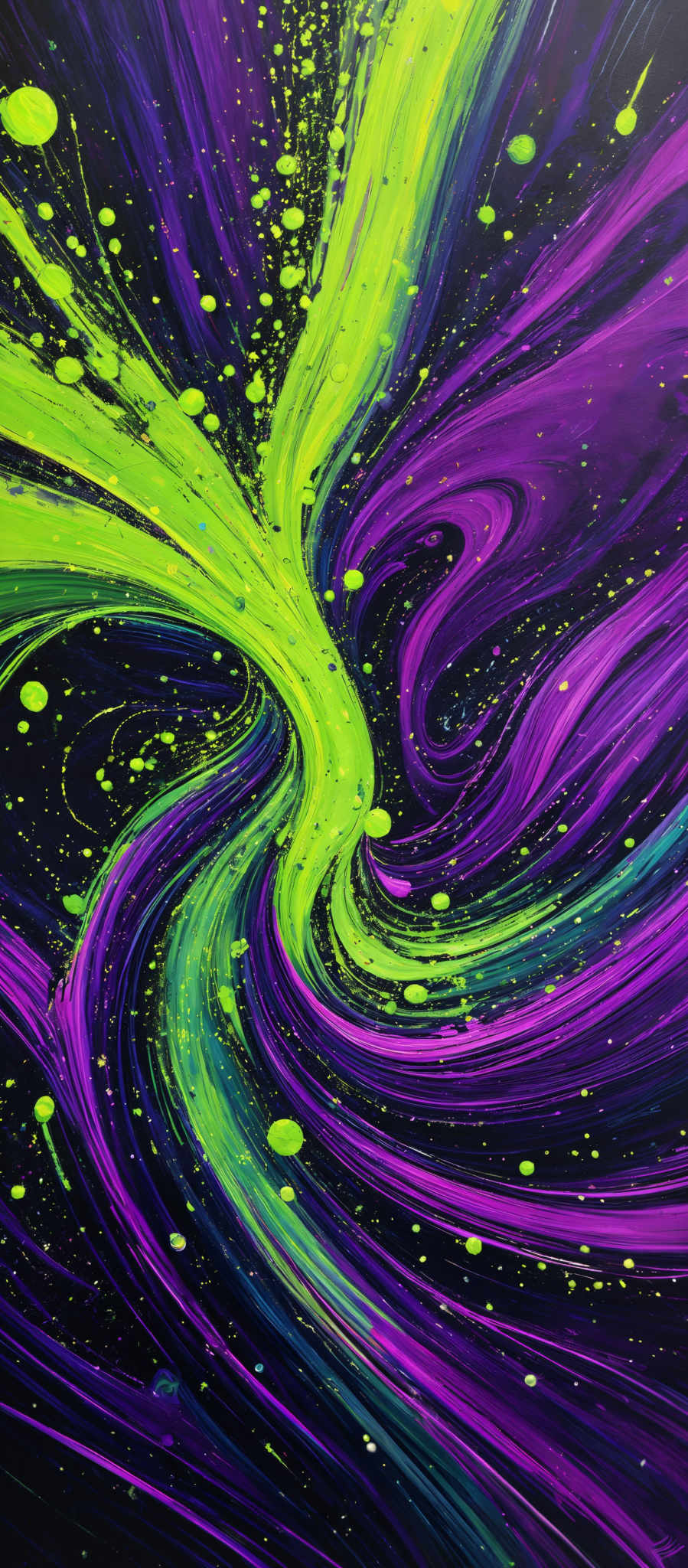 The image showcases a vibrant and dynamic swirl of colors. The dominant colors are shades of purple, green, and blue. The swirls are fluid and wavy, resembling the motion of water or a whirlwind. There are also scattered yellow dots throughout the image, which could represent stars or other celestial bodies. The overall effect is one of energy, movement, and depth.