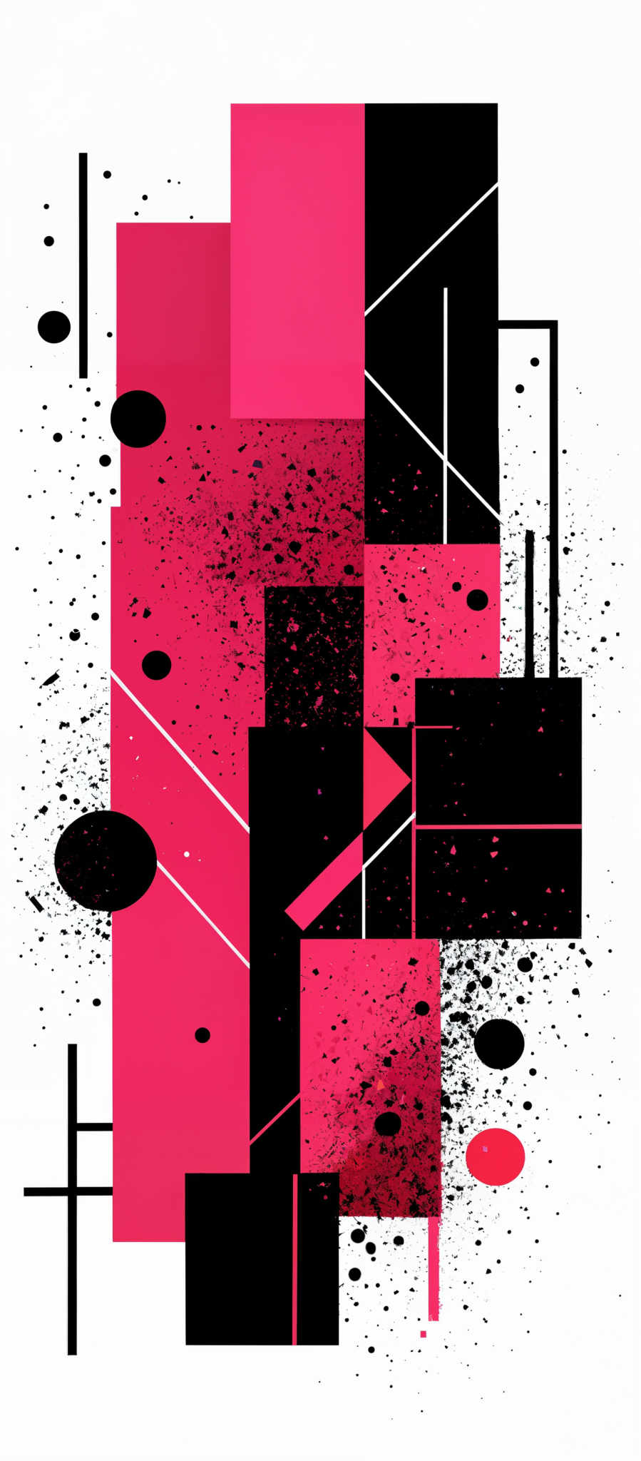 The image showcases a modern abstract design. It predominantly features geometric shapes like rectangles, squares, and triangles. The color palette consists of black, white, and various shades of pink. There are splashes of black paint, giving it a dynamic and artistic feel. The design is intricate, with overlapping shapes and various lines, creating a sense of depth and dimension.