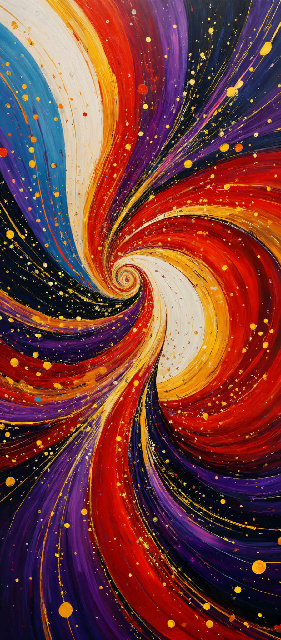 The image showcases a vibrant and dynamic swirl of colors. The dominant colors include deep purples, bright reds, fiery oranges, and cool blues. The swirls are intricate, resembling the motion of a whirlpool or a galaxy, with the colors flowing seamlessly into one another. The background is speckled with golden dots, possibly representing stars or distant galaxies, adding to the cosmic feel of the artwork.