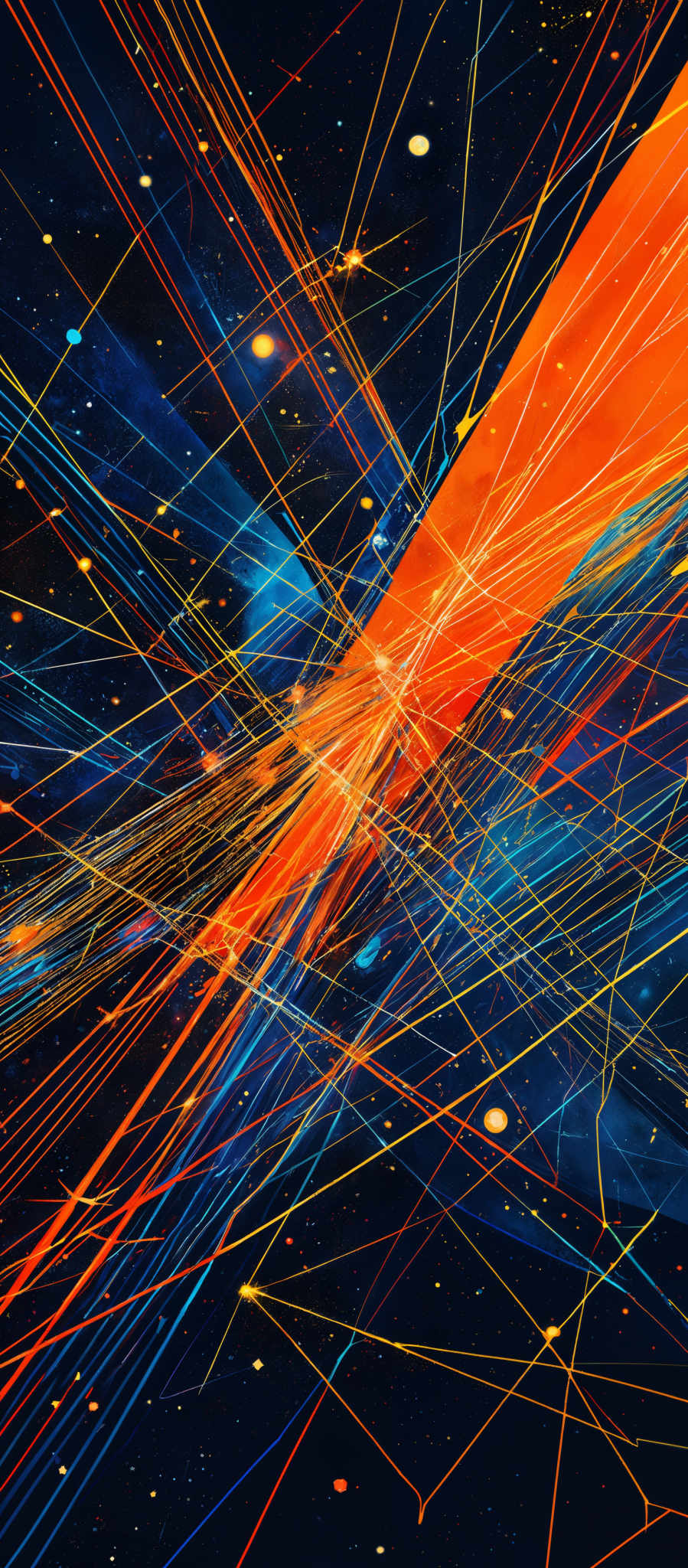 The image showcases a vibrant and dynamic interplay of colors and shapes. It predominantly features a deep blue background with scattered bright dots, possibly representing stars or distant galaxies. Overlaying this background are intersecting lines and streaks of orange, yellow, and red, creating a sense of motion and energy. These lines appear to be converging and diverging in various directions, creating an intricate web of connections. The overall impression is one of a cosmic or digital space, filled with dynamic movement and interconnectedness.