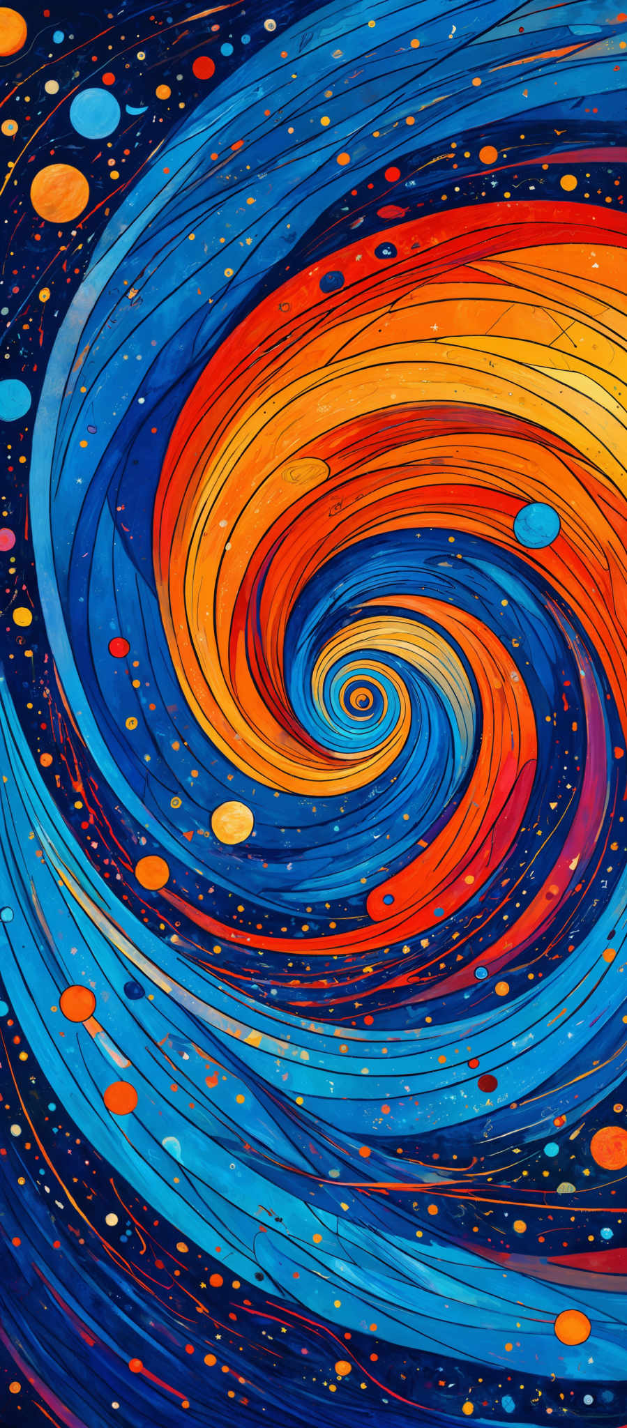 The image showcases a vibrant and mesmerizing swirl of colors. The dominant colors are shades of blue, orange, and red, which seem to be intertwined in a spiral pattern. The swirls are intricate and appear to be fluid, giving the impression of a dynamic and flowing motion. The background is dark, possibly representing a night sky or space, and is dotted with various colored circles, possibly depicting stars or other celestial bodies.