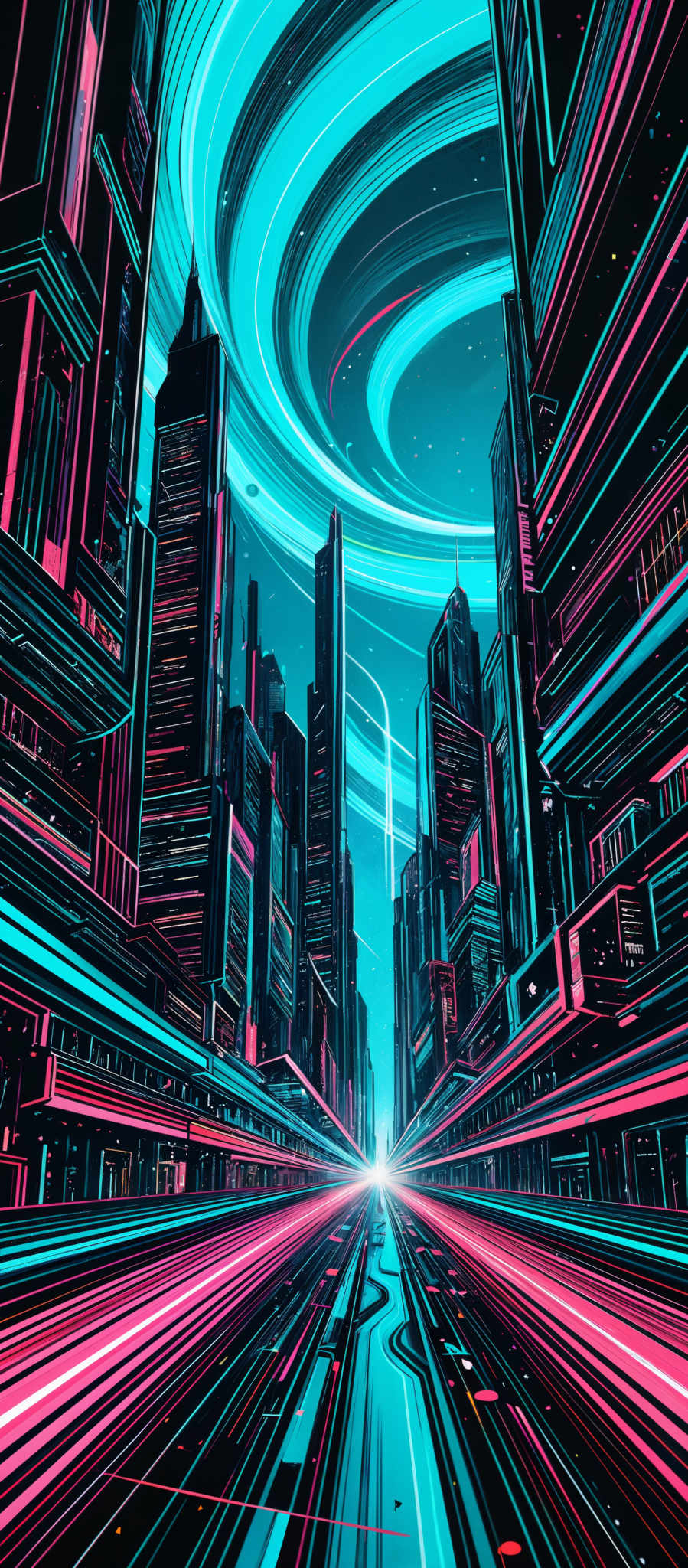 The image showcases a vibrant and futuristic cityscape. Dominating the scene are tall skyscrapers with neon-colored lights, predominantly in shades of blue, pink, and purple. These lights create a mesmerizing pattern that swirls around the buildings, giving the impression of a cybernetic or digital aura. The sky is dark, with a few distant stars, and the central focus is a bright light source at the end of the road, possibly a sun or another celestial body. The road itself is illuminated with neo-colorful stripes, mirroring the aesthetic of the buildings. Overall, the image ex