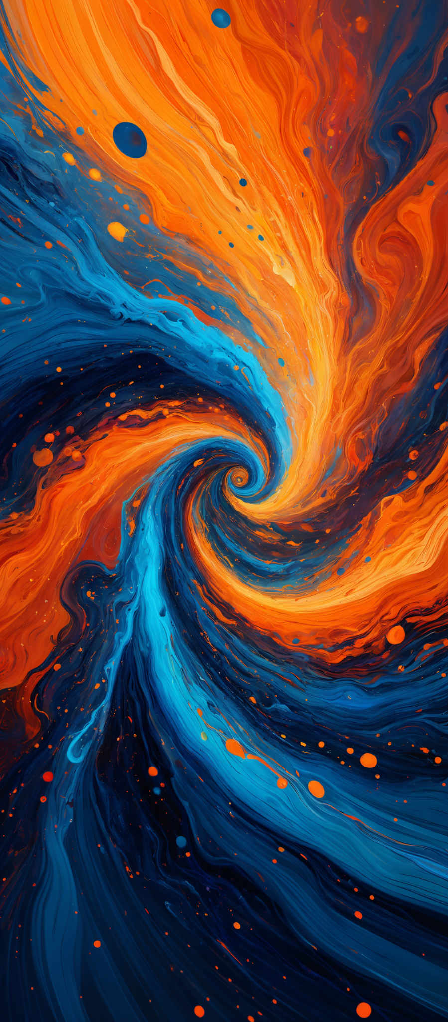 The image showcases a vibrant and dynamic swirl of colors. The dominant colors are shades of blue, orange, and red, with hints of yellow and black. The swirling pattern gives an impression of a whirlpool or a galaxy, with the blue representing the cooler regions and the orange and red representing the hotter, fiery regions. The image also contains numerous small, round, and glowing dots scattered throughout, possibly representing stars or distant celestial bodies.