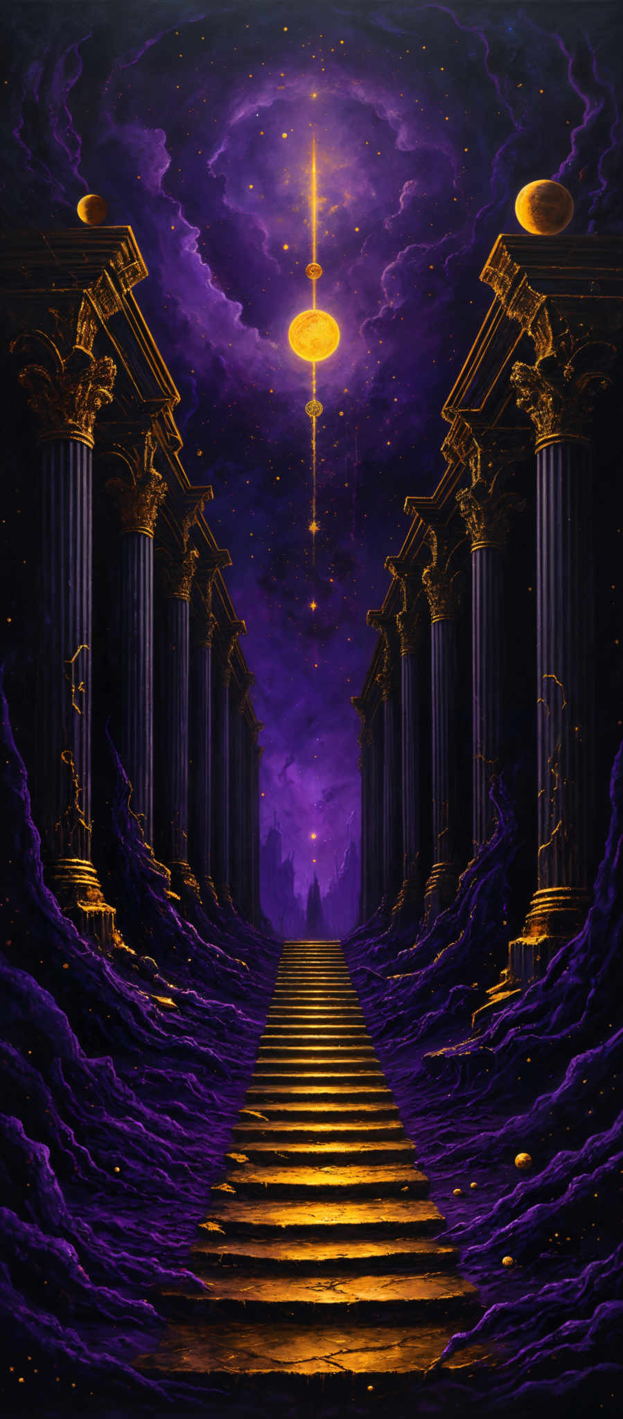 The image predominantly features shades of purple and gold. The sky is a deep, vibrant purple, interspersed with bright, glowing orbs and swirling clouds. The ground is a mix of purples and golds, with wavy patterns that resemble flowing fabric or waves. The architecture consists of grand, ornate columns that stretch upwards, their intricate designs illuminated by the golden light. At the center of the image, there's a radiant, ghostly figure suspended in the air, surrounded by a halo of light. The staircase leading up to this figure is made of golden steps, and it appears to be the focal