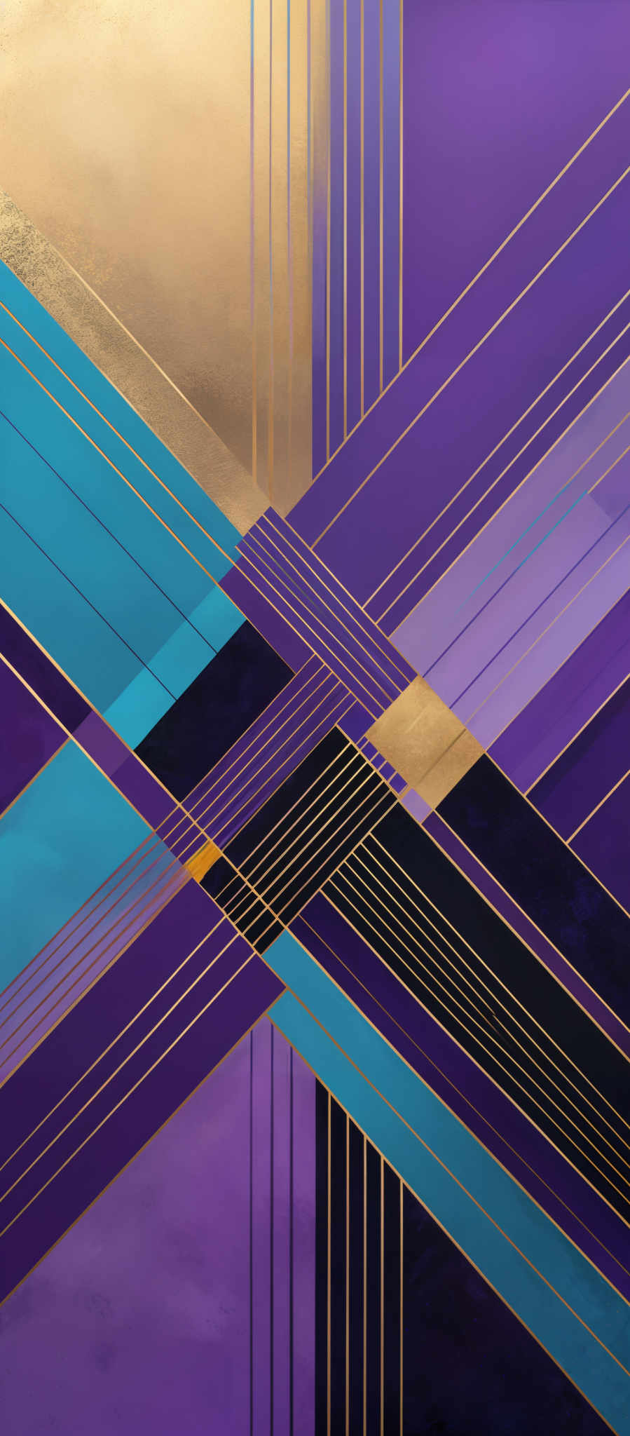 The image showcases a geometric pattern with intersecting lines and shapes. The dominant colors are shades of purple, blue, and gold. The pattern consists of intersecting diagonal lines, some of which are gold, creating a crisscross effect. The background has a gradient of purples and blues, with some areas having a textured appearance, possibly suggesting a painted or marbled surface.