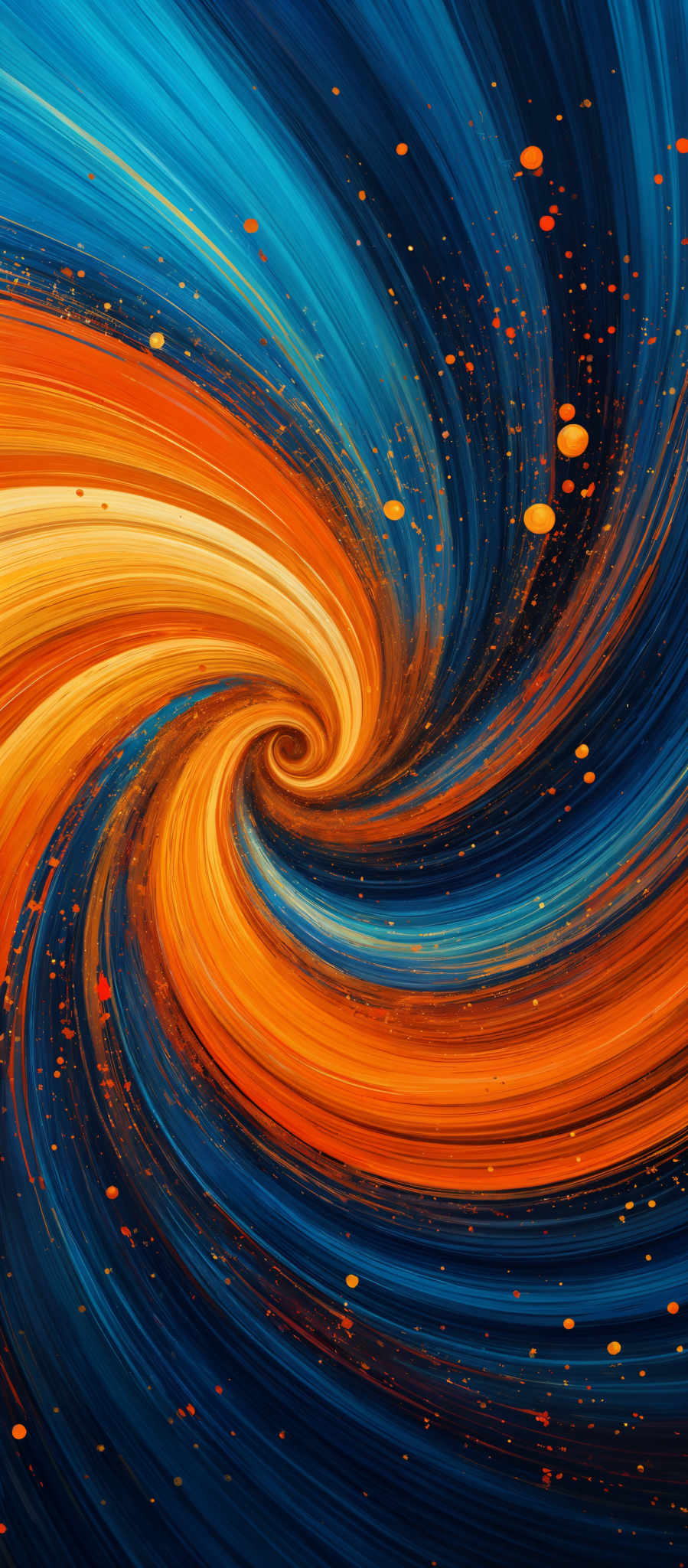 The image showcases a vibrant swirl of colors, predominantly shades of blue, orange, and white. The central focus is a spiral, reminiscent of a galaxy or vortex, with the blue representing the cooler regions and the orange representing the hotter, fiery regions. The white specks scattered throughout the image could be interpreted as stars or distant galaxies, adding depth and dimension to the overall composition.