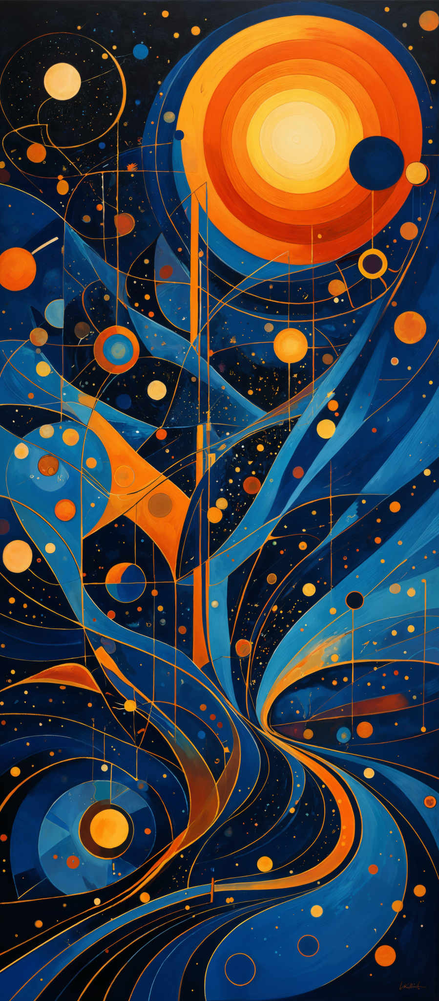 The image showcases a vibrant and abstract representation of the universe or cosmos. Dominated by deep blues and rich oranges, the artwork features swirling patterns, wavy lines, and various circular shapes. The central circle is a large, radiant orange sphere, surrounded by smaller orbs of varying sizes and colors. These orbs are interspersed with golden lines that seem to connect them, suggesting pathways or streams of energy. The overall composition gives a sense of movement, depth, and the vastness of space.