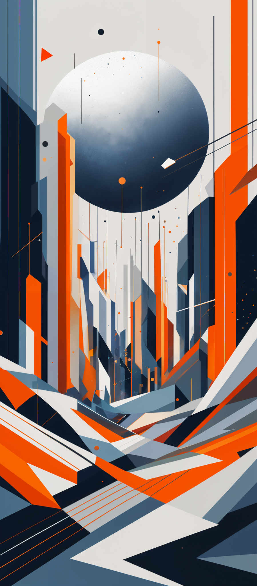 The image showcases a vibrant and abstract representation of a cityscape. Dominated by shades of blue, orange, and white, the artwork features tall, geometric structures resembling skyscrapers. These structures are interspersed with various geometric shapes, such as triangles and rectangles, creating a dynamic and modern feel. A large, circular object, possibly representing the moon or a planet, hovers above the city, casting a soft glow. The entire scene is set against a backdrop of a starry night sky, adding to the cosmic ambiance.