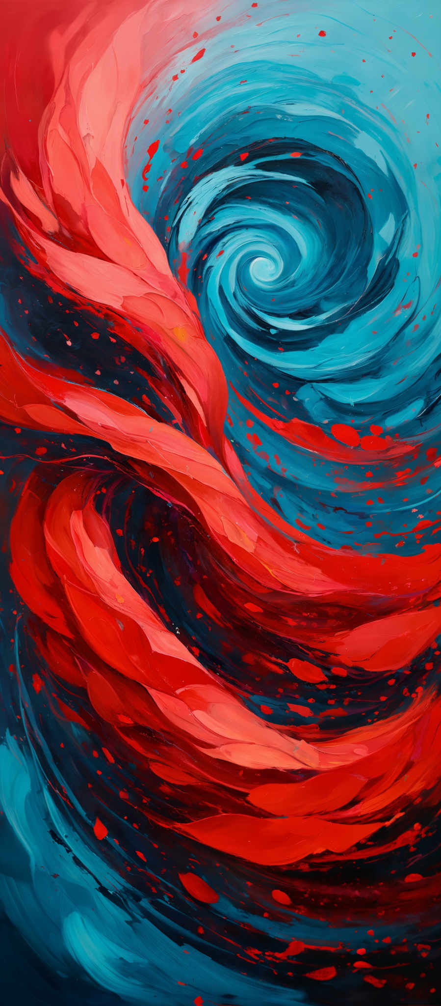 The image showcases a vibrant and dynamic swirl of colors. Dominantly, there are shades of red, blue, and a hint of teal. The swirling pattern is reminiscent of a whirlpool or a galaxy, with the red and blue swirles intertwining and contrasting against each other. The red seems to be flowing outward, while the blue forms a central core. There are also splatters of red and a few specks of white scattered throughout, adding to the abstract and dynamic nature of the artwork.