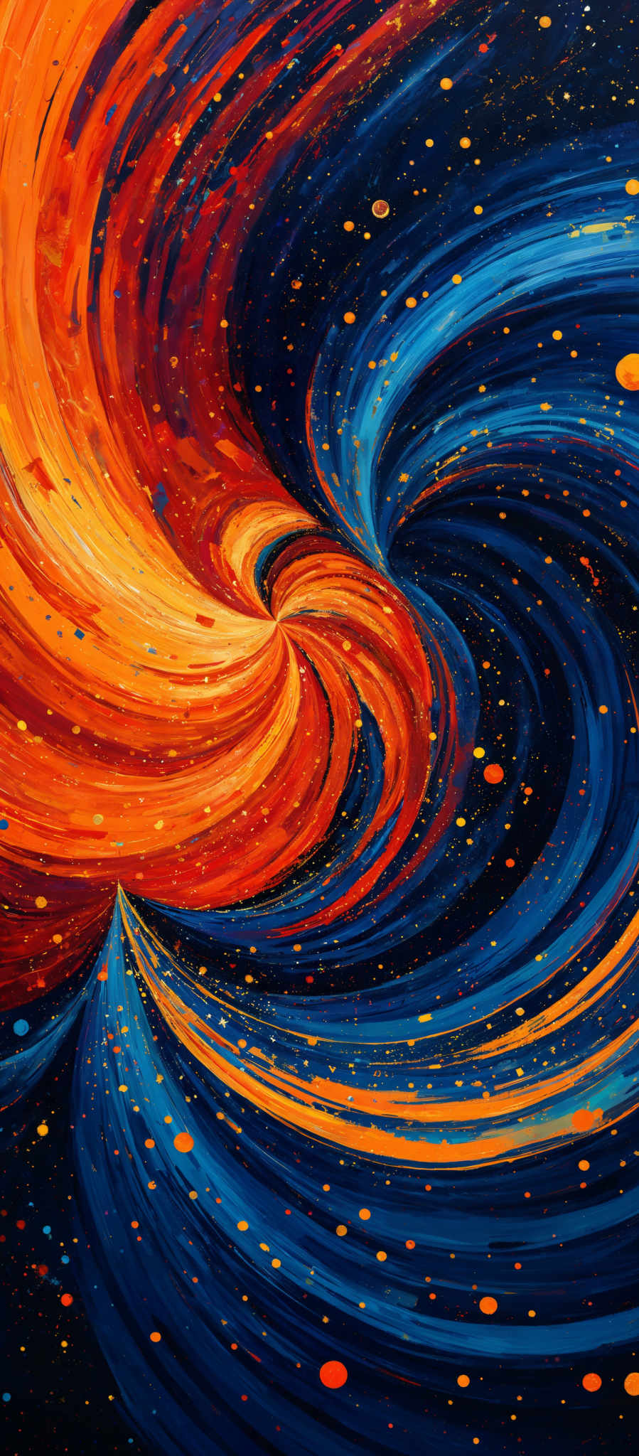 The image showcases a vibrant and dynamic swirl of colors. The dominant colors are deep blue, fiery orange, and hints of red. The swirls are reminiscent of a galaxy or a whirlpool, with the blue representing the vastness of space and the orange and red signifying intense energy or heat. The background is speckled with numerous small, golden dots, possibly representing distant stars or other celestial bodies.