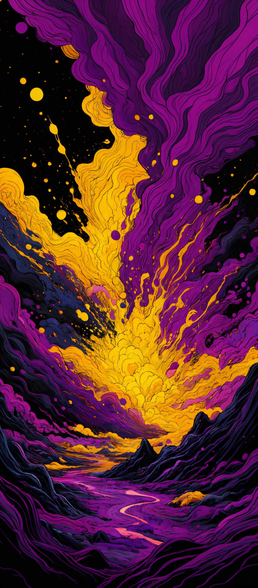 The image showcases a vibrant and mesmerizing landscape. Dominated by swirling patterns of vivid colors, it appears to depict a surreal sunset or sunrise over a mountainous terrain. The sky is awash with hues of purple, pink, and gold, intermingling with darker shades that give depth and dimension. The sun, or a radiant celestial body, is depicted as a burst of golden light, emanating a radiating glow that illuminates the surrounding clouds and landscape. The mountains in the foreground are dark, contrasting sharply with the vibrantly colored sky, and they seem to be reflecting the light from the