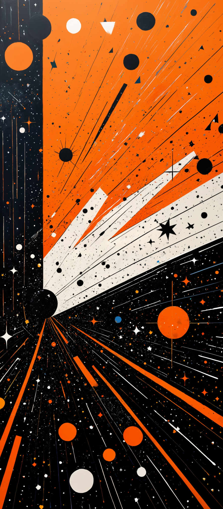 The image predominantly features a vibrant orange background with white streaks radiating outwards. The background is interspersed with various shapes, including circles, triangles, and stars. The central part of the image showcases a black void or space, contrasting with the bright orange and white elements. The overall composition gives an impression of a cosmic or space-themed artwork.