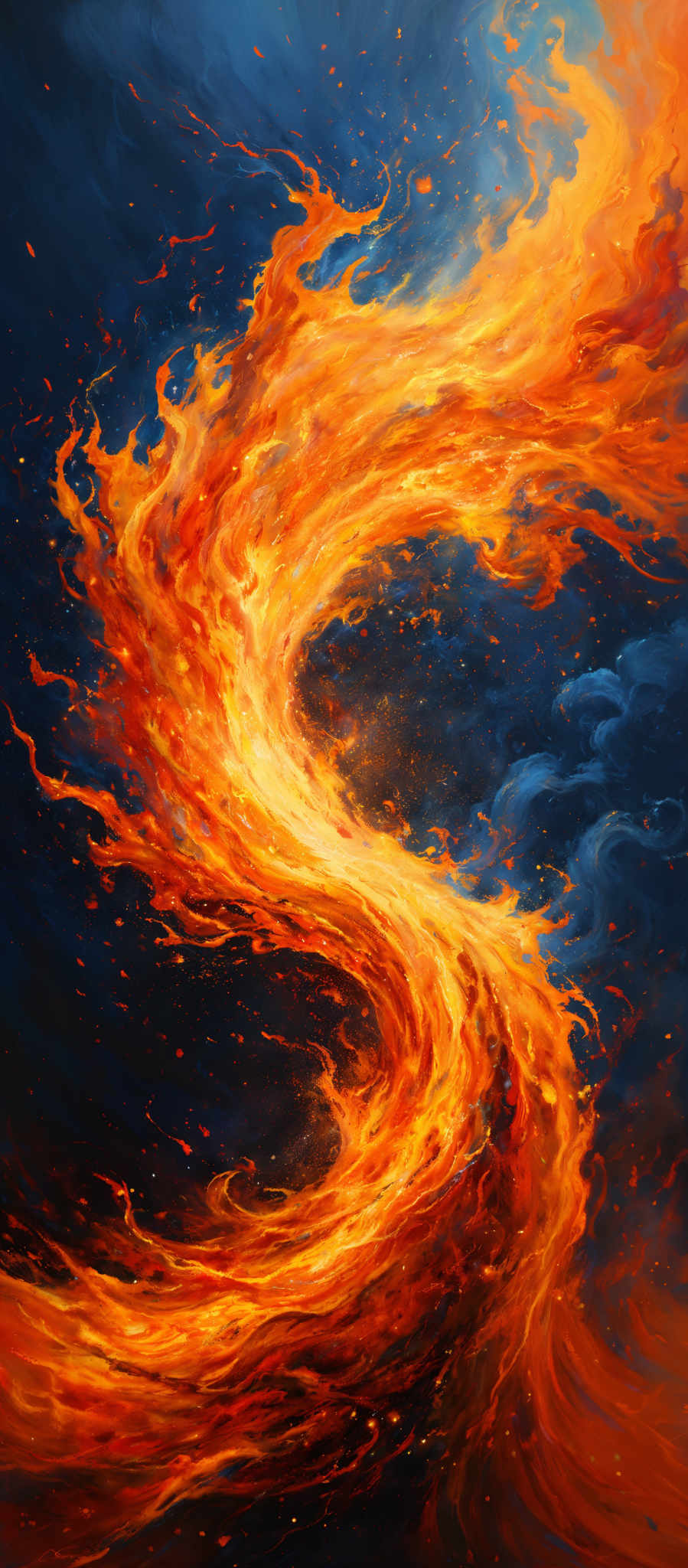 The image showcases a vibrant and dynamic interplay of colors. The dominant colors are fiery orange and deep blue. The shape is reminiscent of a swirling vortex or whirlpool, with the orange representing a fiery energy or substance and the blue representing a cooler, possibly cosmic or ethereal background. The image gives a sense of motion and energy, as if the fiery substance is being pulled into the depths of the blue expanse.