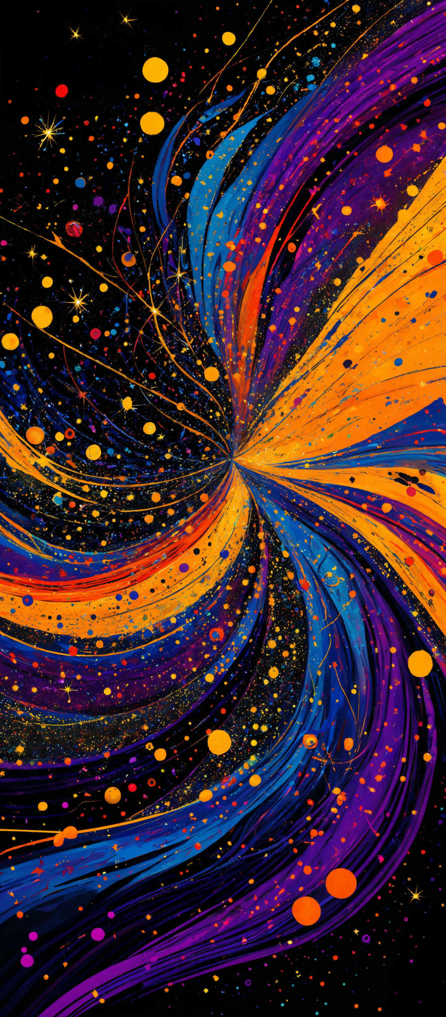 The image showcases a vibrant and dynamic swirl of colors. The predominant colors are shades of blue, purple, orange, and yellow. The swirls are intricate, resembling the motion of a whirlpool or vortex, pulling everything towards its center. The background is dark, which accentuates the brightness of the colors in the swirls. There are also scattered dots and speckles throughout, adding to the overall cosmic or galaxy-like feel of the image, as if representing stars or distant galaxies.