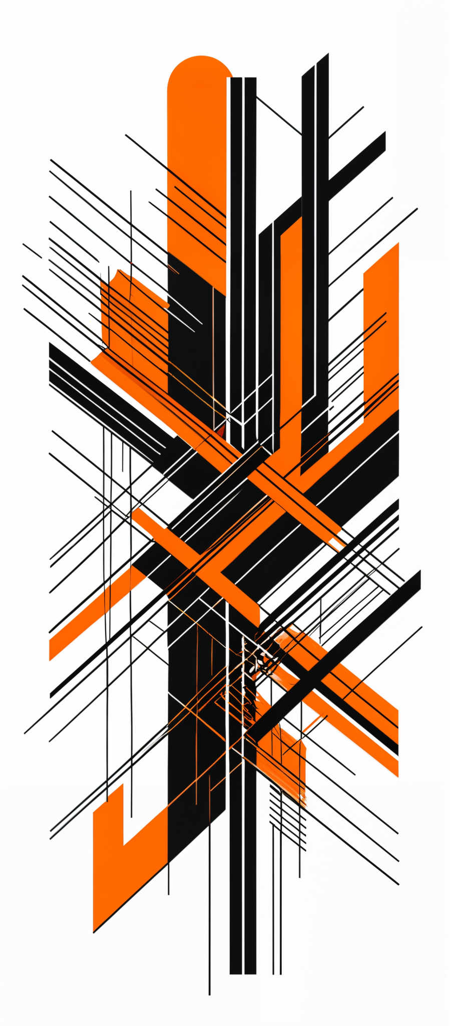 The image showcases a geometric abstract design. It predominantly features black and orange lines intersecting and crisscrossing in various directions. The shapes are predominant rectangles and squares, with some overlapping and intersecting lines. The design appears to be a modern and abstract representation, possibly inspired by architectural or urban elements.