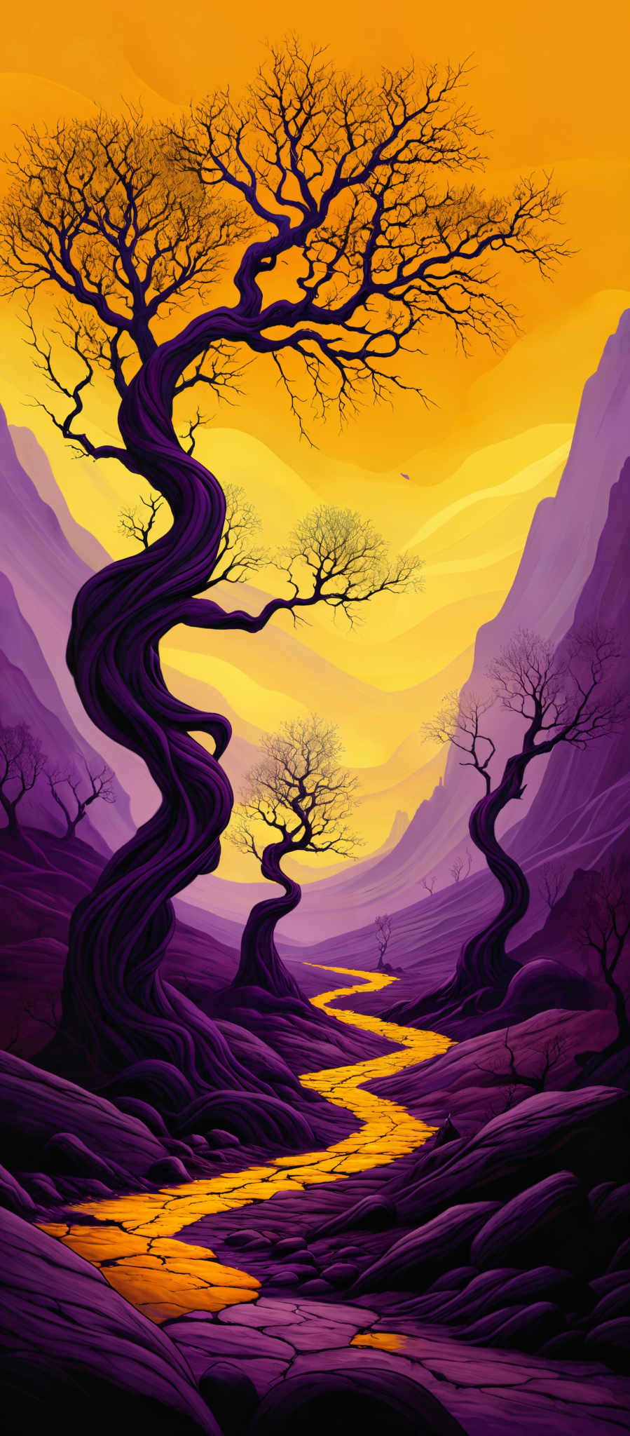 The image showcases a vibrant landscape dominated by hues of purple and orange. The central focus is a twisted, gnarled tree with bare branches, set against a backdrop of towering mountains. The tree's roots and base are intricately detailed, winding around the rocky terrain. A winding river or stream, with a golden hue, flows through the scene, reflecting the colors of the sky. The sky itself is a gradient of orange, transitioning to a deeper purple, suggesting either a sunrise or sunset.