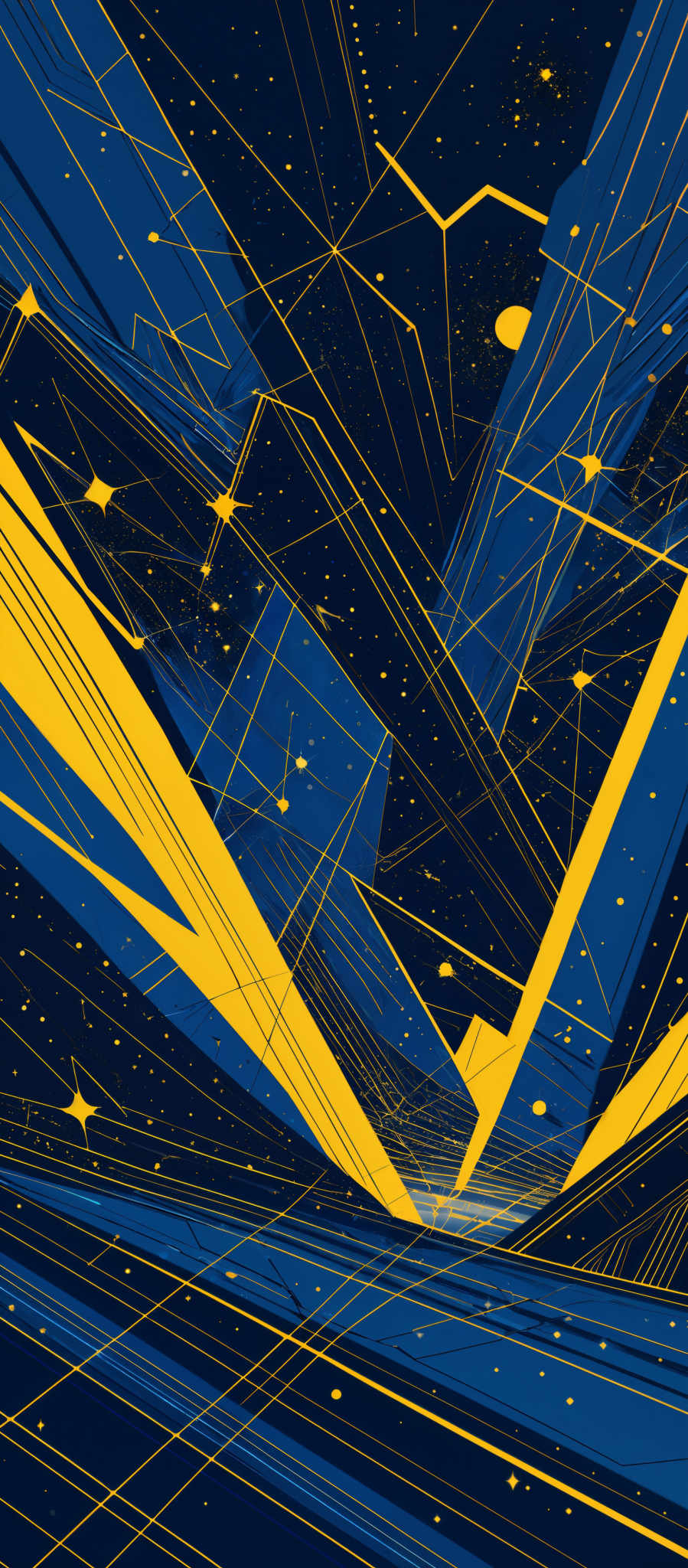 The image predominantly features a deep blue background with golden lines and shapes. These lines and forms create a complex network of interconnected lines, resembling a digital or cosmic landscape. There are also scattered white dots, possibly representing stars or other celestial bodies, and a few larger yellow shapes that could be interpreted as planets or other significant celestIAL objects.