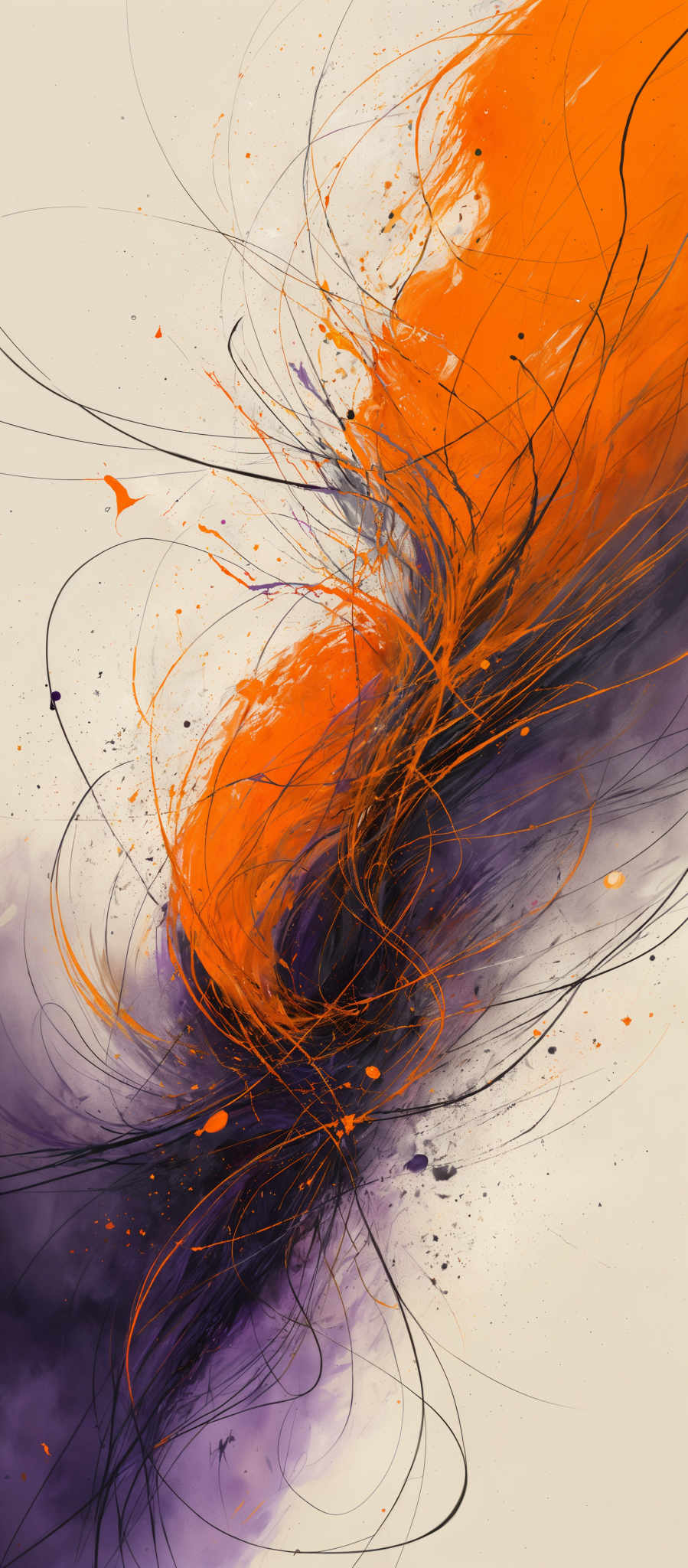 The image showcases a vibrant and dynamic abstract artwork. It predominantly features swirling lines and splashes of color. The dominant colors are shades of orange, purple, and white. The orange creates a sense of warmth and energy, while the purple adds depth and contrast. The swirled lines give an impression of motion, possibly representing the flow of energy or the movement of elements. The splash of colors, especially the orange, adds a sense chaos and dynamism to the artwork, making it appear as though the colors are in a state of flux.