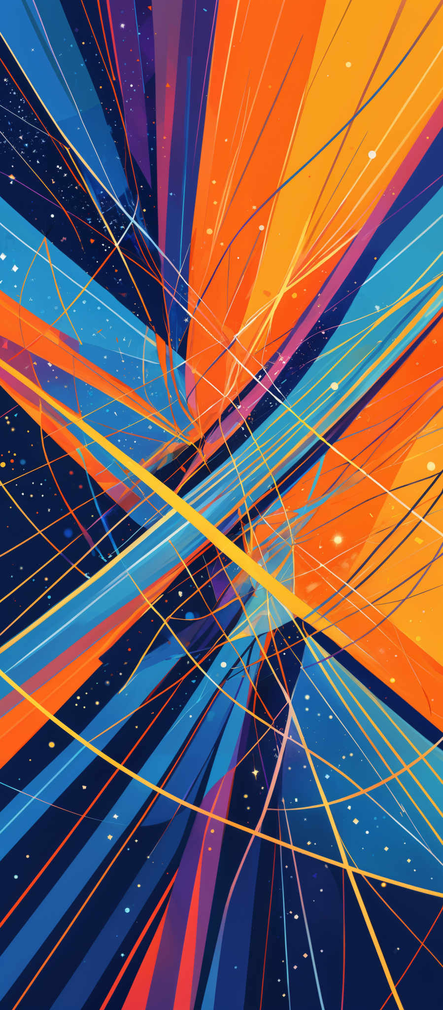 The image showcases a vibrant and dynamic abstract design. It features a myriad of colors, including deep blues, bright oranges, and fiery reds. The shapes are predominantly straight lines and curves, intertwining and overlapping in a chaotic yet harmonious manner. The background is dark, possibly representing a night sky, dotted with small white specks that could be interpreted as stars or distant lights.