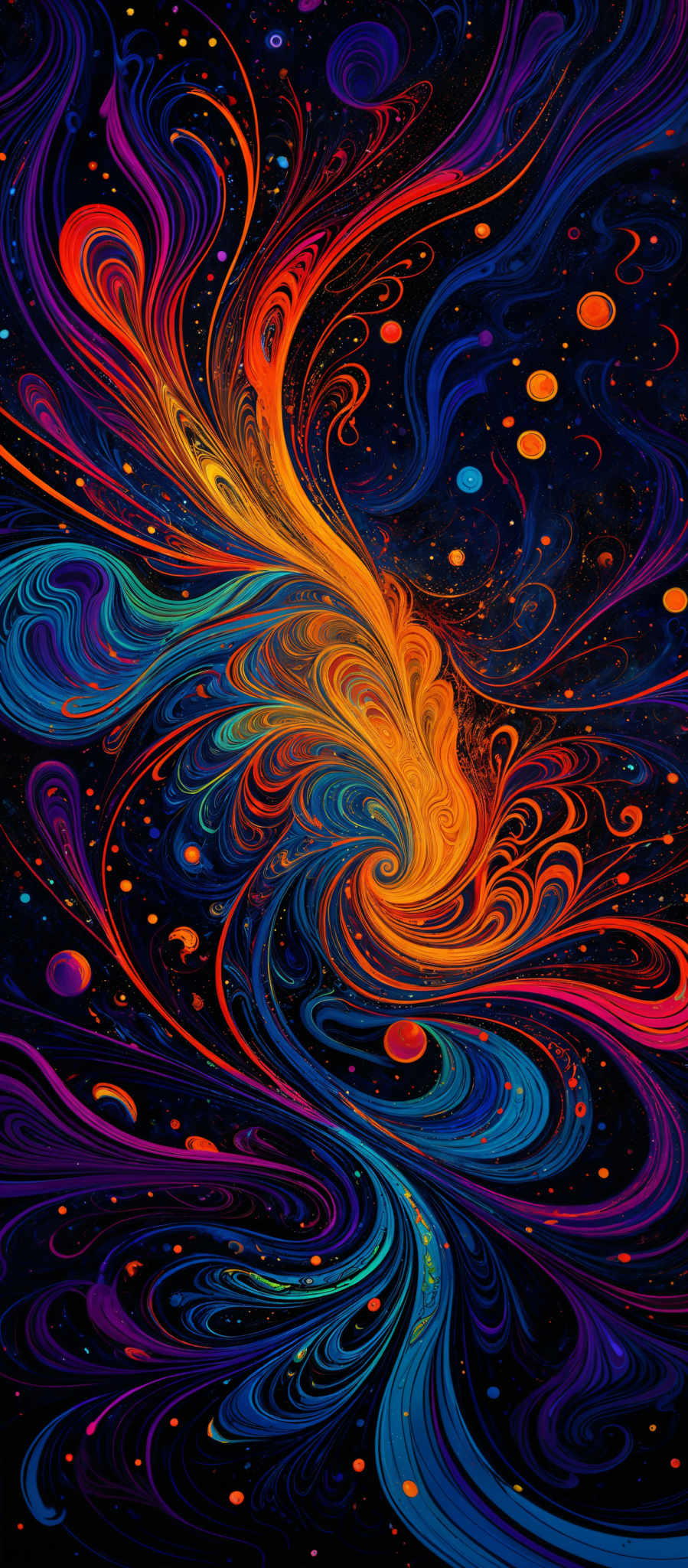 The image showcases a vibrant and intricate pattern of swirling colors against a dark background. The dominant colors include deep blues, fiery oranges, and radiant purples. The swirls are fluid and dynamic, resembling the motion of water or the flow of energy. The pattern is reminiscent of a whirlpool or vortex, with the colors spiraling outwards and intertwining. The overall effect is both mesmerizing and ethereal, evoking feelings of wonder and mystery.