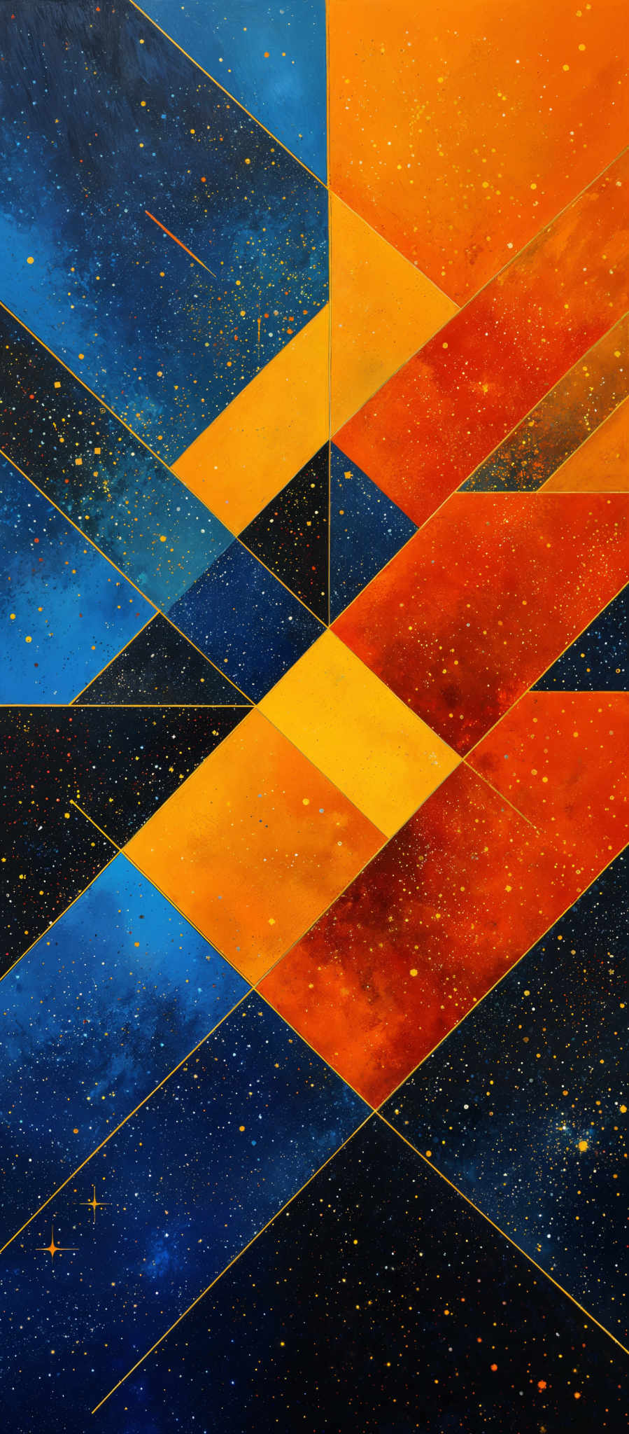 The image showcases a vibrant and abstract composition. It features geometric shapes, predominantly in the form of overlapping rectangles and triangles. These geometric forms are layered and intersect in various ways, creating a sense of depth and dimension. The colors used are a mix of deep blues, fiery oranges, and golden yellows. The background appears to be a cosmic or celestial scene with a myriad of stars scattered throughout, giving the impression of a vast, starry expanse.