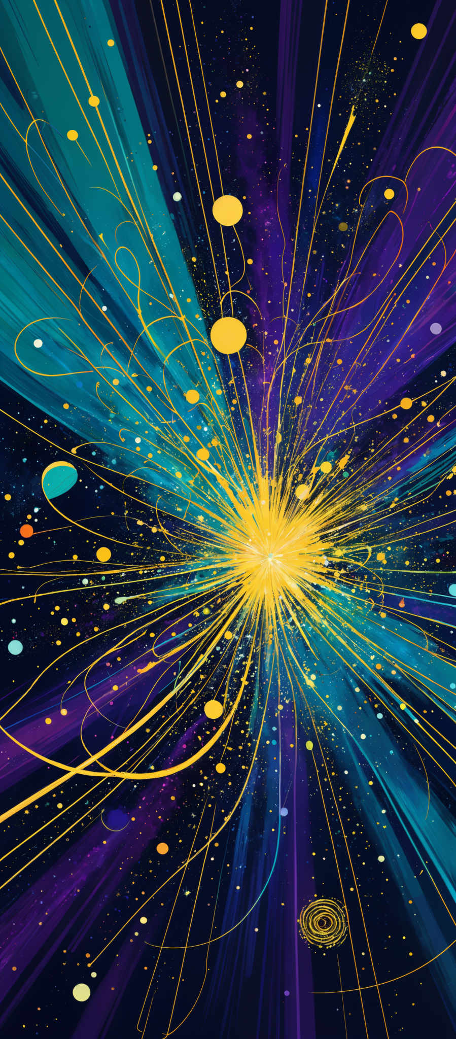 The image showcases a vibrant and dynamic explosion of colors. The central part of the image is dominated by a bright yellow burst, emanating outward in a radial pattern. This burst is surrounded by a myriad of swirling lines and patterns in shades of blue, purple, and teal. These lines seem to radiate outward, intertwining and intersecting with one another. Scattered throughout the image are various circular shapes, some of which are larger and more prominent, while others are smaller and more subtle. These circles vary in color, with shades ranging from yellow to blue. The overall effect is one of a cosmic or celestial explosion, with