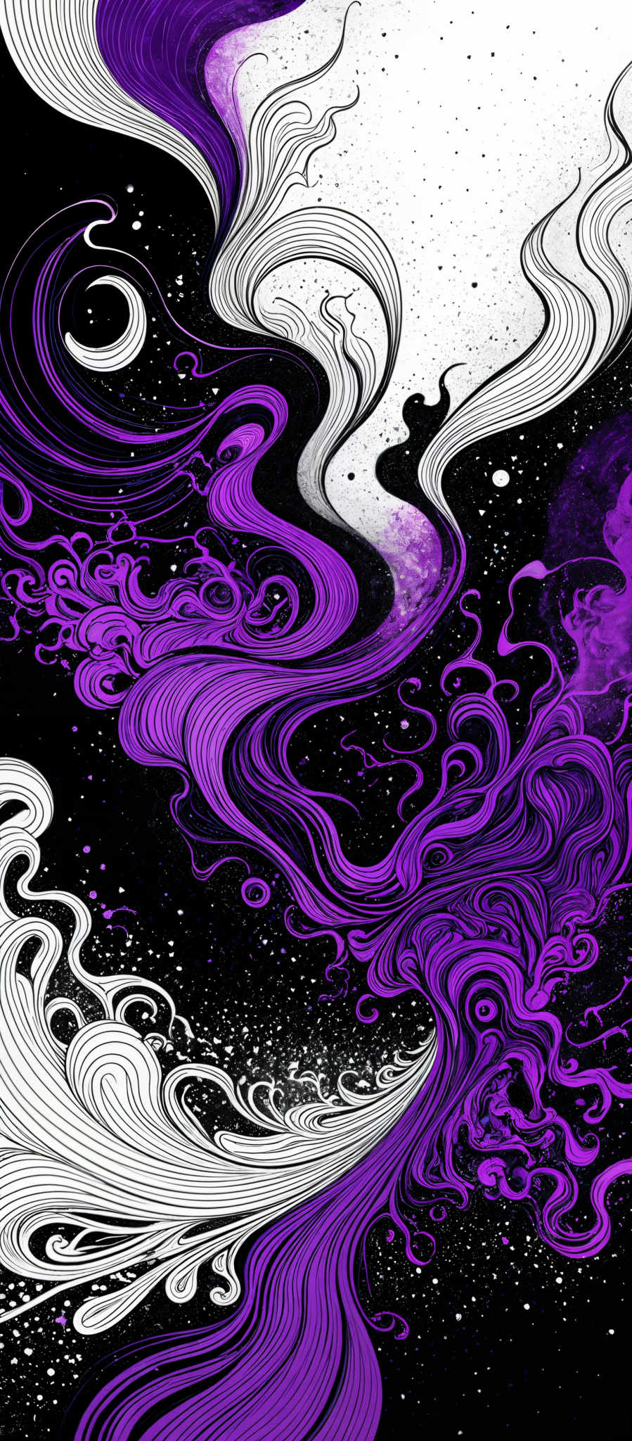 The image showcases a vibrant and intricate design with a predominant use of purple and white colors. The shapes are fluid and wavy, resembling abstract patterns that flow and intertwine. The design appears to be inspired by natural elements, such as waves or clouds, with swirling motifs that give it a dynamic and organic feel.