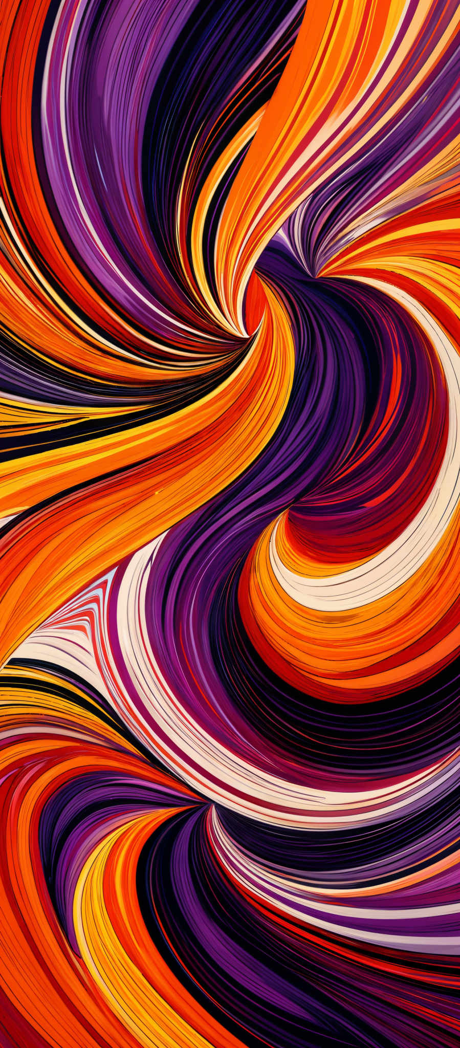 The image showcases a vibrant and dynamic swirl of colors. The predominant colors are shades of orange, purple, and red, intertwined in a fluid and wavy pattern. The shapes are abstract and resemble flowing waves or streams, with the colors swirling and intermingling to create a visually captivating effect.