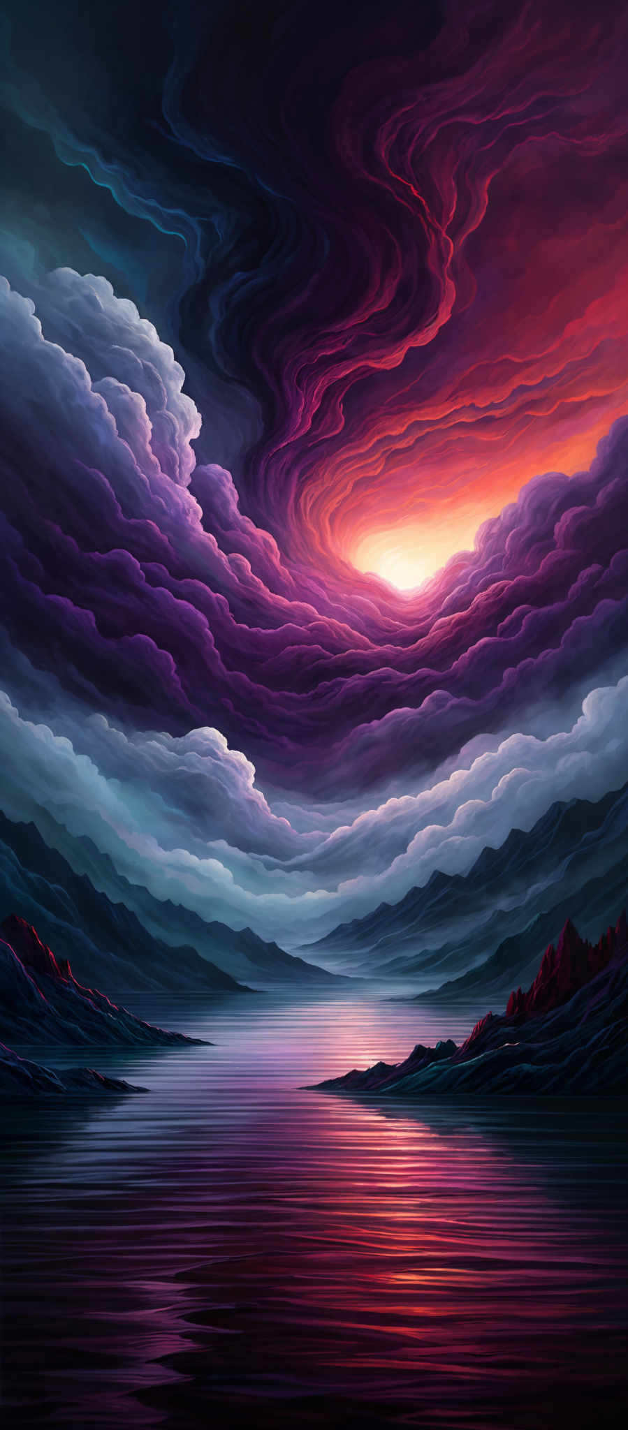 The image showcases a breathtaking landscape with swirling clouds that transition from deep purples and blues at the top to fiery oranges and reds near the horizon. The clouds appear to be in motion, creating a dynamic and dramatic effect. Below the clouds, there's a serene body of water reflecting the colors of the sky. On either side of the water, there are dark, rugged terrains or mountains. The overall mood of the image is both tranquil and intense, capturing the beauty of nature's contrasts.