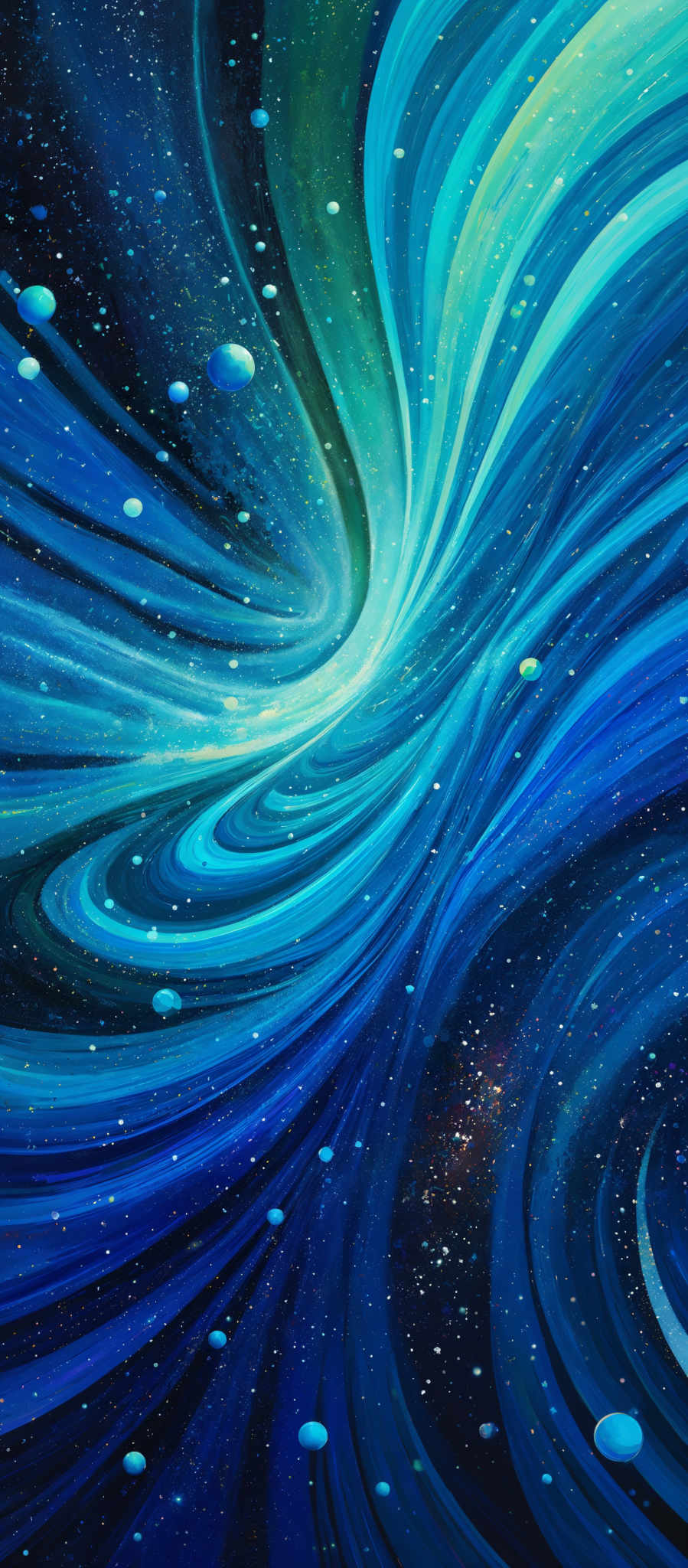 The image showcases a mesmerizing cosmic scene with swirling patterns of blue and green hues. These swirls resemble the flow of galaxies or nebulae, creating a sense of movement and depth. The background is dotted with numerous white dots, representing distant stars, and there are also some larger, round celestial bodies scattered throughout. The overall composition gives a feeling of vastness and wonder, reminiscent of the universe's beauty and mystery.