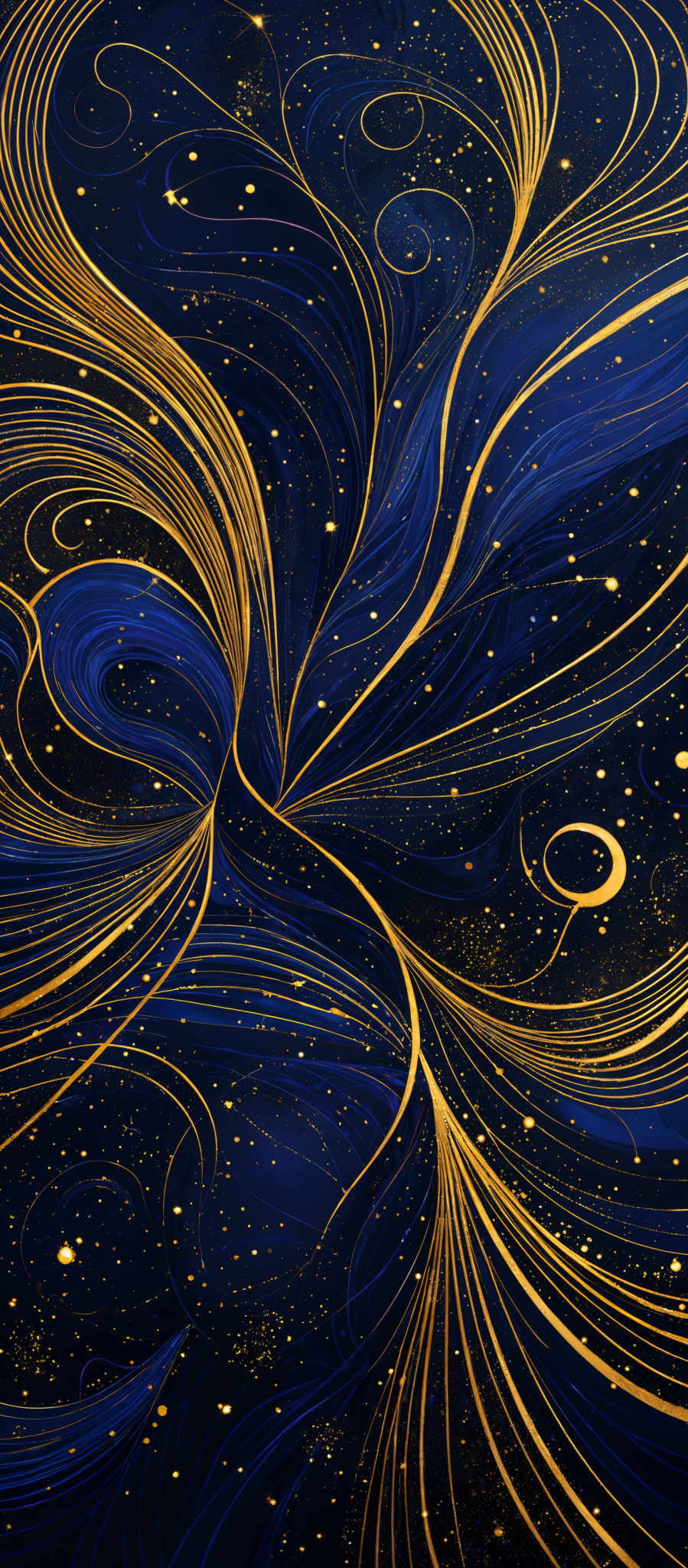 The image showcases a mesmerizing interplay of colors and shapes. Dominated by deep blue and gold hues, it features intricate swirls and patterns that resemble flowing tendrils or waves. The gold swirls are set against a backdrop of a deep blue space-like background, dotted with tiny speckles that could be interpreted as distant stars or celestial bodies. The overall composition gives a sense of movement and depth, as if the gold patterns are emerging from a vast cosmic expanse.