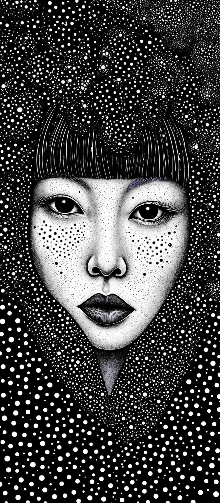 The image predominantly features shades of black and white. It showcases a face of a person with distinct features such as eyes, nose, and lips. The face is surrounded by a pattern of white dots, creating a sense of depth and texture. The dots vary in size, with some appearing as small specks and others as larger, more defined circles. The overall composition gives a feeling of intricacy and meticulous detail.