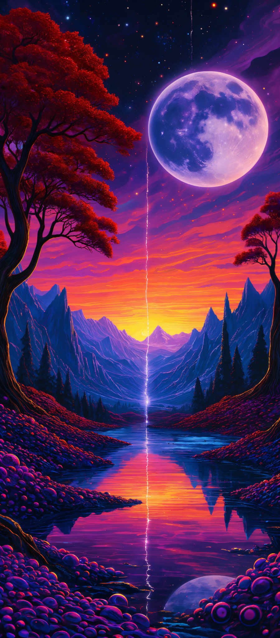 The image showcases a vibrant and surreal landscape. The sky is dominated by deep purples and blues, with a large, luminous moon hanging close to the horizon. A lightning bolt is seen striking down from the moon, creating a bright streak of light. The landscape features tall, rugged mountains in the background, with their peaks illuminated by the setting or rising sun. In the foreground, there's a serene body of water reflecting the colors of the sky and the silhouette of the mountains. On either side of the water, there are trees with fiery red foliage, contrasting with the cooler colors of their surroundings. The