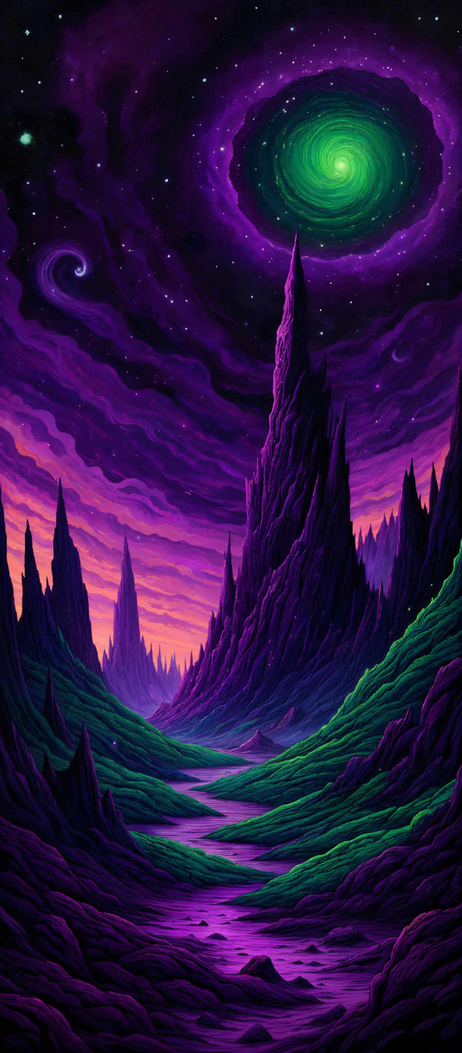 The image showcases a vibrant and surreal landscape. Dominated by deep purples and blues, the sky is filled with swirling galaxies and stars. A prominent green spiral galaxy is at the center, emitting a bright light. Below, jagged mountain peaks rise from a lush, green valley. The valley is filled not just with grass but also with luminescent, glowing patches, possibly representing water or other ethereal substances. A winding river or stream flows through the valley, reflecting the surrounding colors. The entire scene is bathed in a mystical, otherworldly glow.