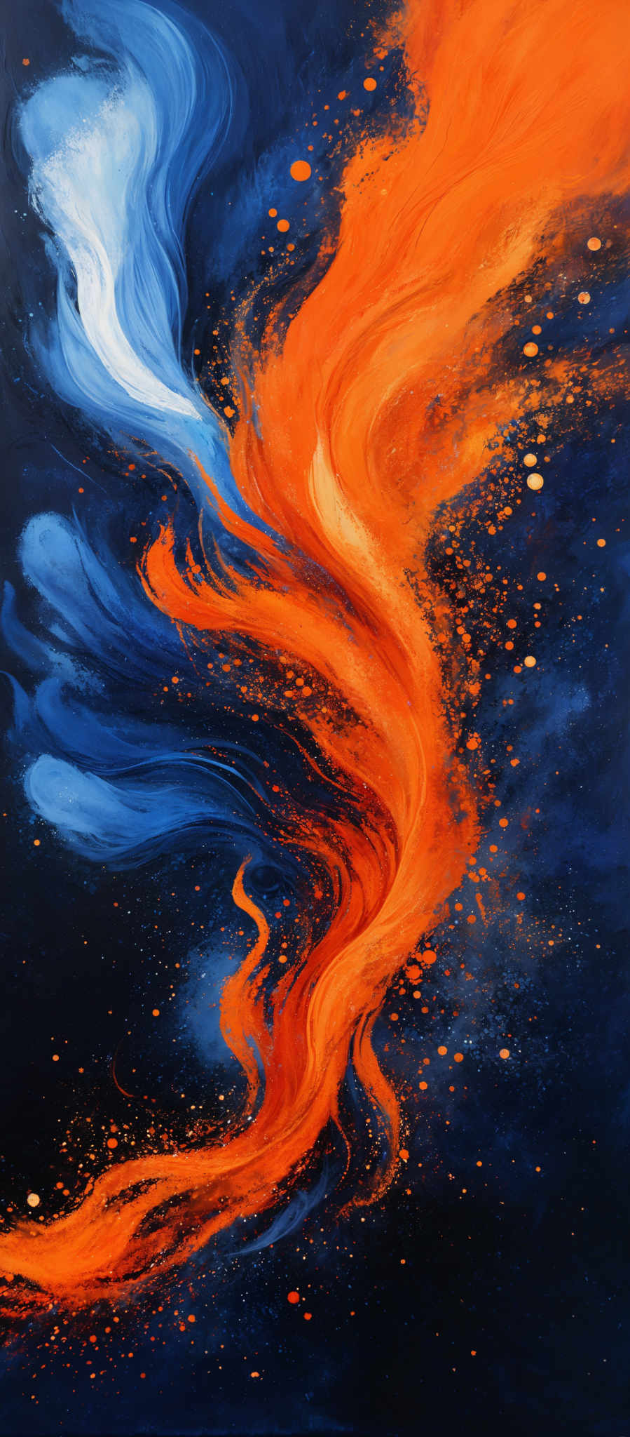 The image showcases a vibrant and dynamic interplay of colors. Dominantly, there are swirling patterns of deep blue and fiery orange. The blue appears to be a cool, flowing liquid, while the orange is reminiscent of a fiery, passionate energy. The background is a deep, almost black space, punctuated with scattered golden dots, possibly representing distant stars or other celestial bodies. The overall effect is one of a cosmic, fluid-like phenomenon, evoking feelings of movement and energy.