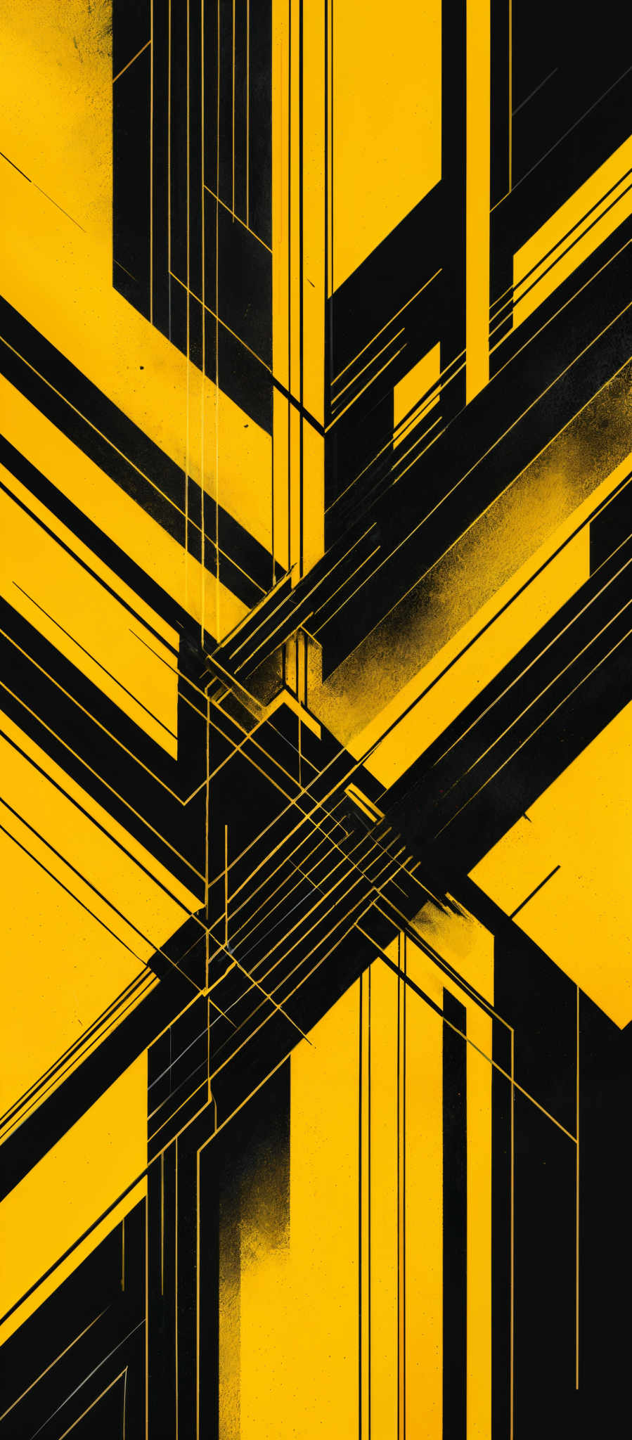 The image showcases a geometric abstract design. It predominantly features bold yellow and black colors. The shapes are primarily rectangular and angular, intersected by intersecting lines and planes. The design appears to be a series of intersecting and overlapping rectangles and lines, creating a sense of depth and complexity.