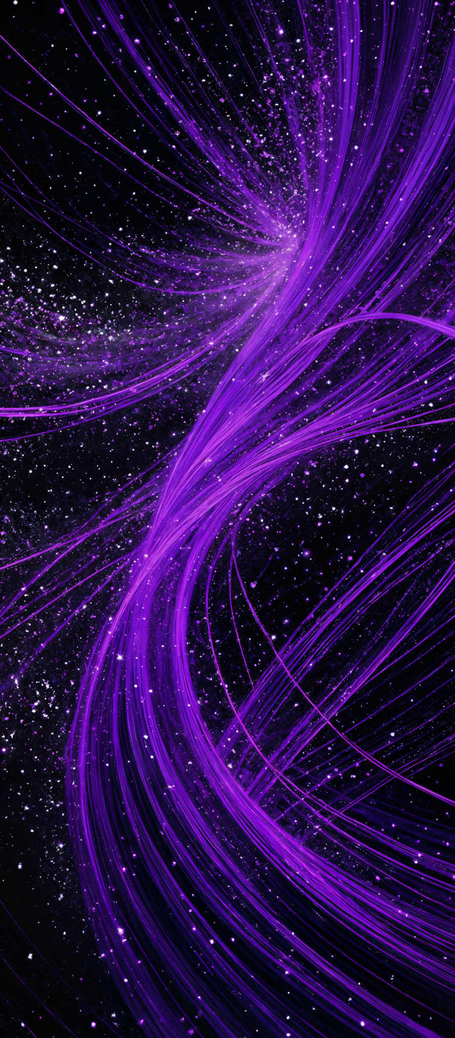 The image showcases a vibrant swirl of purple and pink streaks against a dark background. These streaks appear to be dynamic, resembling flowing tendrils or streams of energy. The background is speckled with tiny white dots, giving it a cosmic or nebulous appearance. The overall effect is both mesmerizing and ethereal, suggesting a sense of movement and depth.