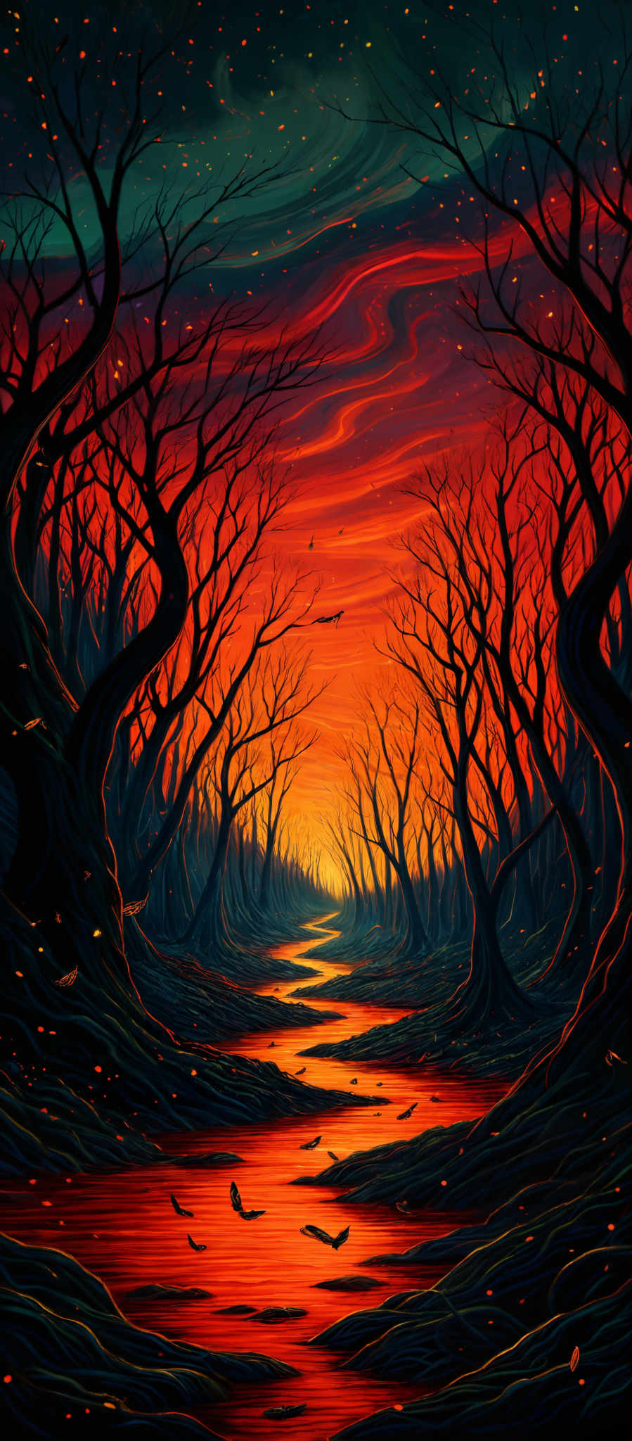 The image showcases a vivid and dramatic landscape. The sky is painted in shades of deep blue and teal, with streaks of fiery orange and red, suggesting either a sunset or sunrise. The ground is dominated by dark, twisted trees with gnarled branches, their silhouettes contrasting sharply against the fiery backdrop. A winding river or stream flows through the center, reflecting the fierce colors of the sky. The water's surface is dotted with small, glowing orange and yellow specks, possibly representing fireflies or some other luminescent creatures. The overall mood of the image is intense, with a blend of mystery