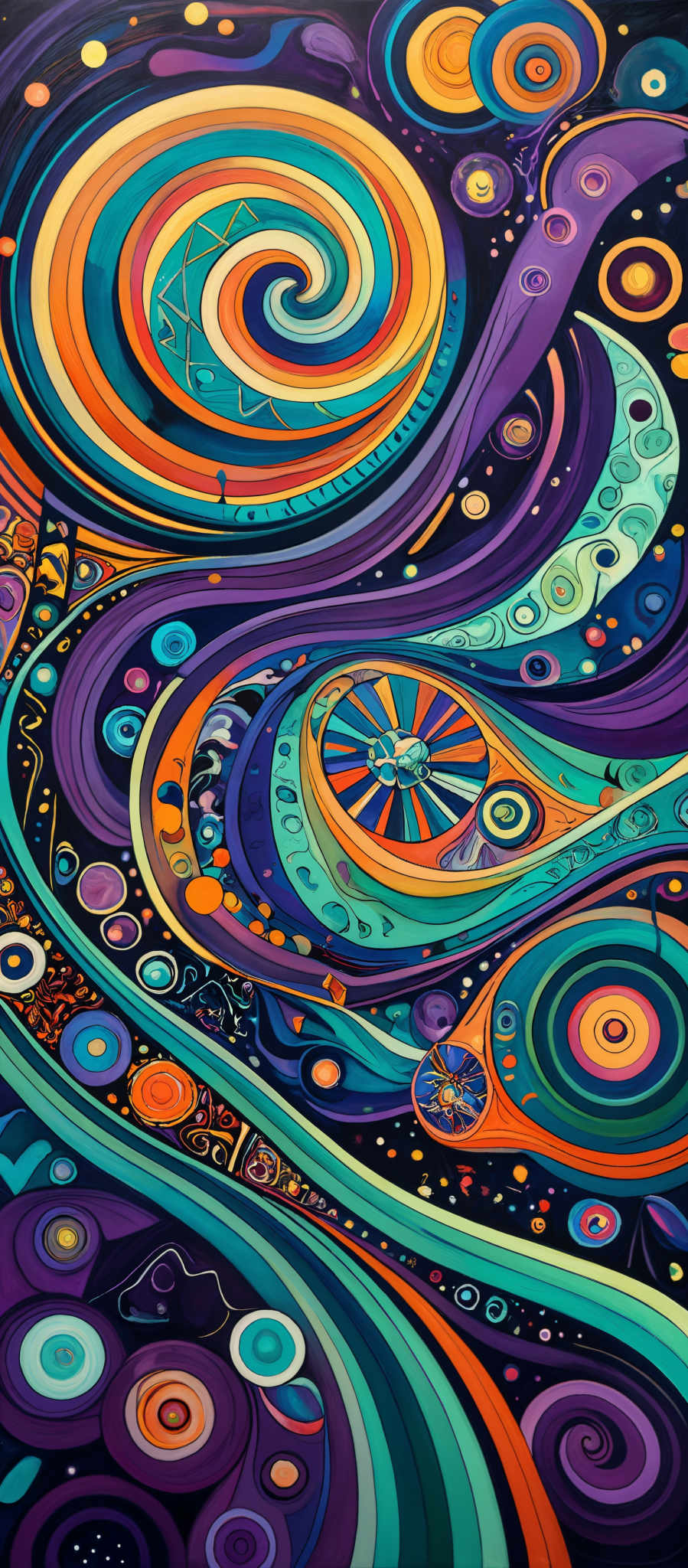 The image is a vibrant and intricate piece of artwork. It predominantly features swirling patterns and circular motifs in a plethora of colors. The dominant colors include shades of blue, purple, orange, and teal. The swirls are intricate, with some having detailed patterns inside them, such as triangles and other geometric shapes. The overall feel of the artwork is dynamic and energetic, with the colors and patterns flowing seamlessly into one another.