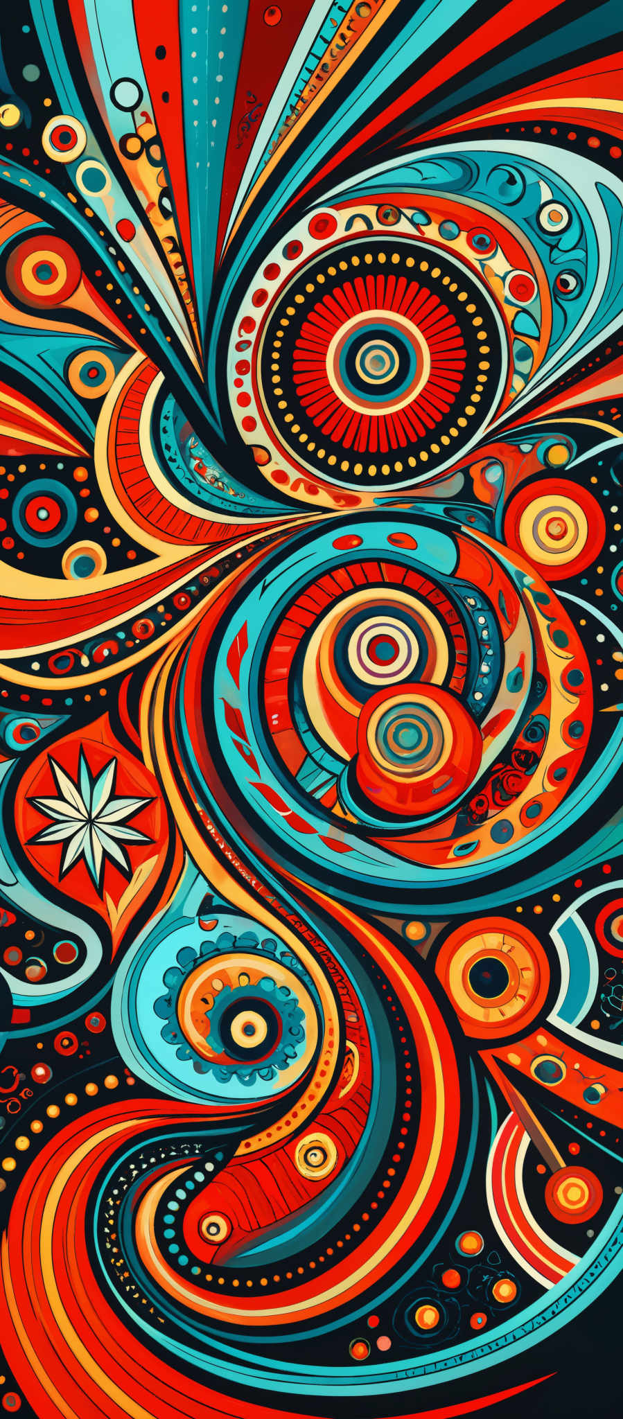 The image showcases a vibrant and intricate design with a plethora of colors. Dominant colors include shades of blue, red, orange, and yellow. The design features swirling patterns, circles, and various other geometric shapes. The swirls are curvy and flowing, creating a sense of movement. The circles are intricately detailed, with some having patterns inside them. The overall design is reminiscent of abstract art, with a focus on patterns and color harmonies.