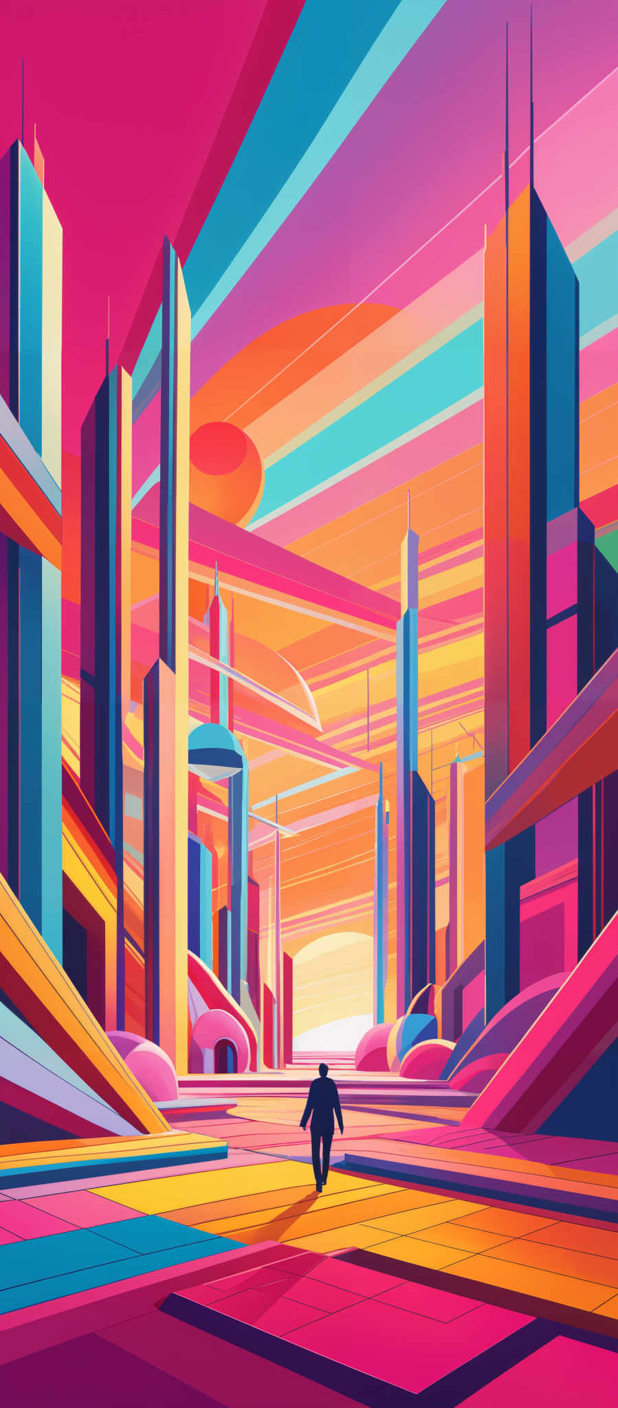 The image showcases a vibrant and colorful cityscape during sunset or sunrise. The sky is painted with hues of pink, orange, and blue, with streaks of white clouds. The city itself is adorned with tall skyscrapers, some of which have unique and futuristic designs. The buildings are illuminated with a mix of warm and cool colors, creating a contrast. The ground is paved with geometric patterns, and there's a solitary figure walking towards the horizon. The overall ambiance of the image is both serene and dynamic, capturing the essence of a bustling metropolis during a moment of reflection.