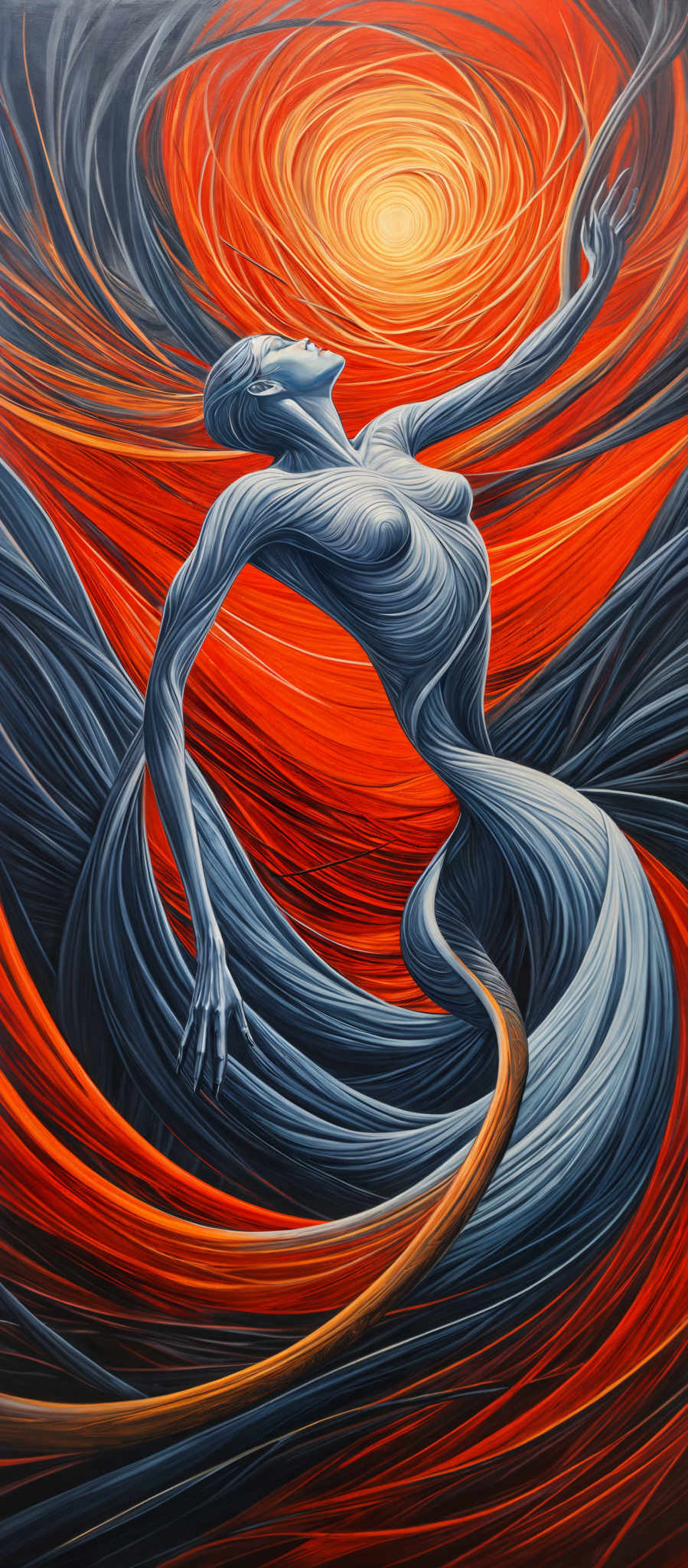 The image showcases a figure, seemingly a woman, intertwined with swirling patterns of red, orange, and black. The woman's form is elongated and appears to be made of flowing, wavy lines, giving her a fluid and dynamic appearance. The background is dominated by a vibrant, swirled pattern of red and orange, which seems to emanate from a central point, resembling a sun or a vortex. The overall color palette is intense, with the reds and oranges providing a sense of warmth and energy, while the darker shades add depth and contrast.