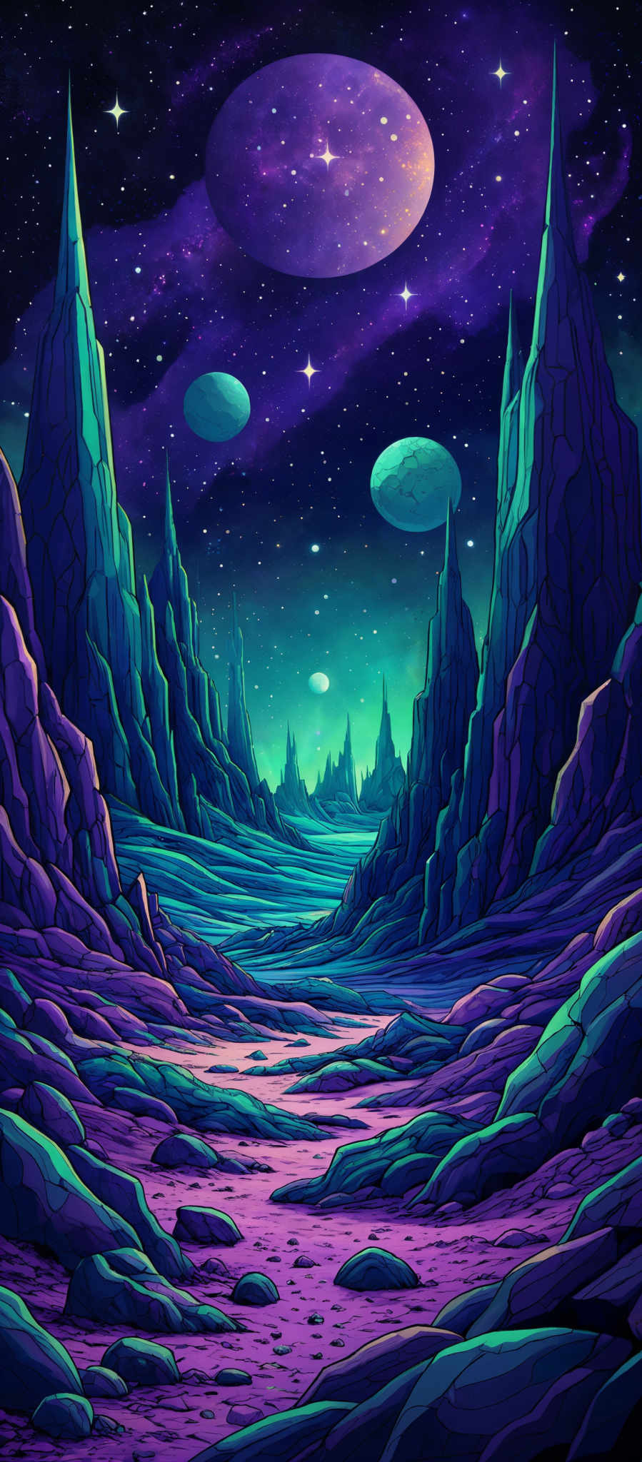 The image showcases a vibrant and colorful alien landscape. The sky is dominated by hues of purple and blue, with multiple celestial bodies like planets and stars. The terrain is characterized by towering rock formations that are jagged and sharp, with varying shades of blue and purple. The ground appears to be uneven with scattered rocks and a winding pathway leading towards the horizon. The overall ambiance of the image is mysterious and otherworldly.