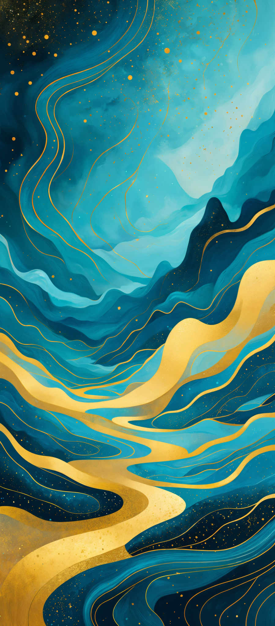 The image showcases a vibrant and mesmerizing landscape. Dominated by shades of blue and gold, the top portion of the image depicts a deep blue sky with swirling patterns, possibly representing clouds or waves. Golden lines, resembling rivers or streams, meander through the middle and lower parts of the landscape. These lines are interspersed with small golden dots, possibly indicating stars or distant lights. The overall feel is one of a serene, otherworldly, and dreamlike environment.