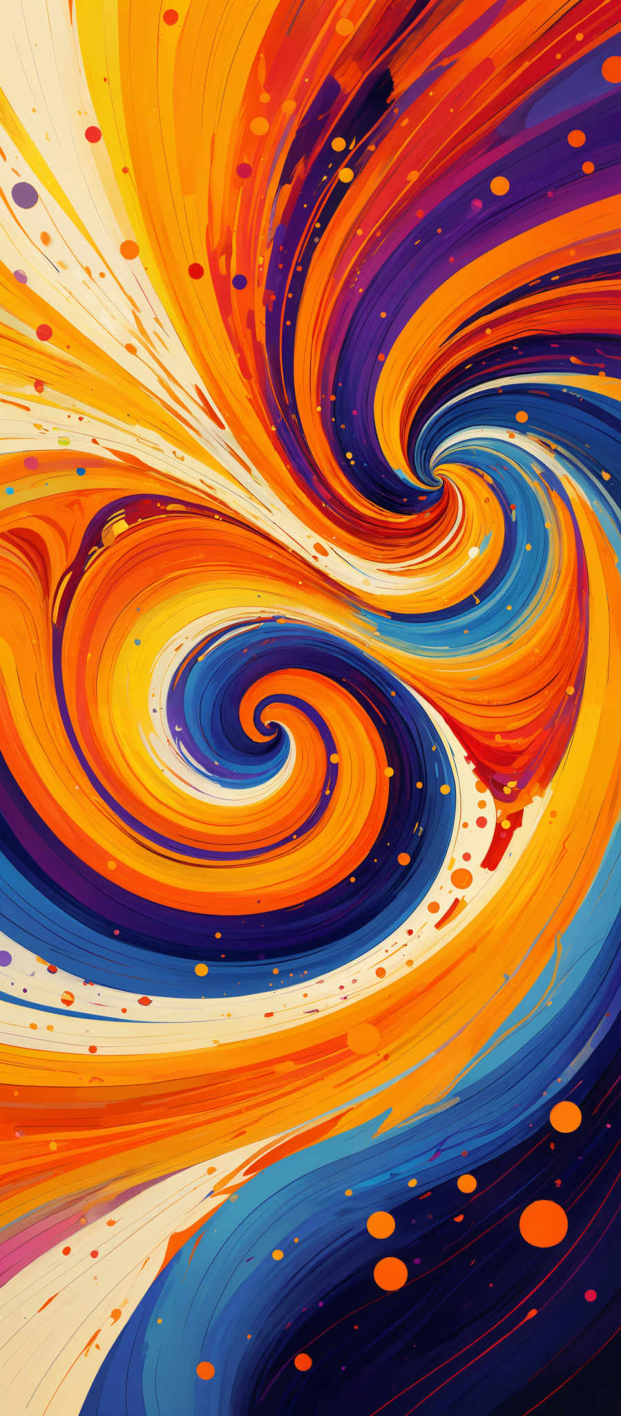 The image showcases a vibrant and dynamic swirl of colors. The predominant colors include shades of orange, blue, and purple. The swirls are intricate, resembling the flow of liquid or the movement of celestial bodies. The image also contains speckles of various colors scattered throughout, adding to the overall vibrancy and depth.